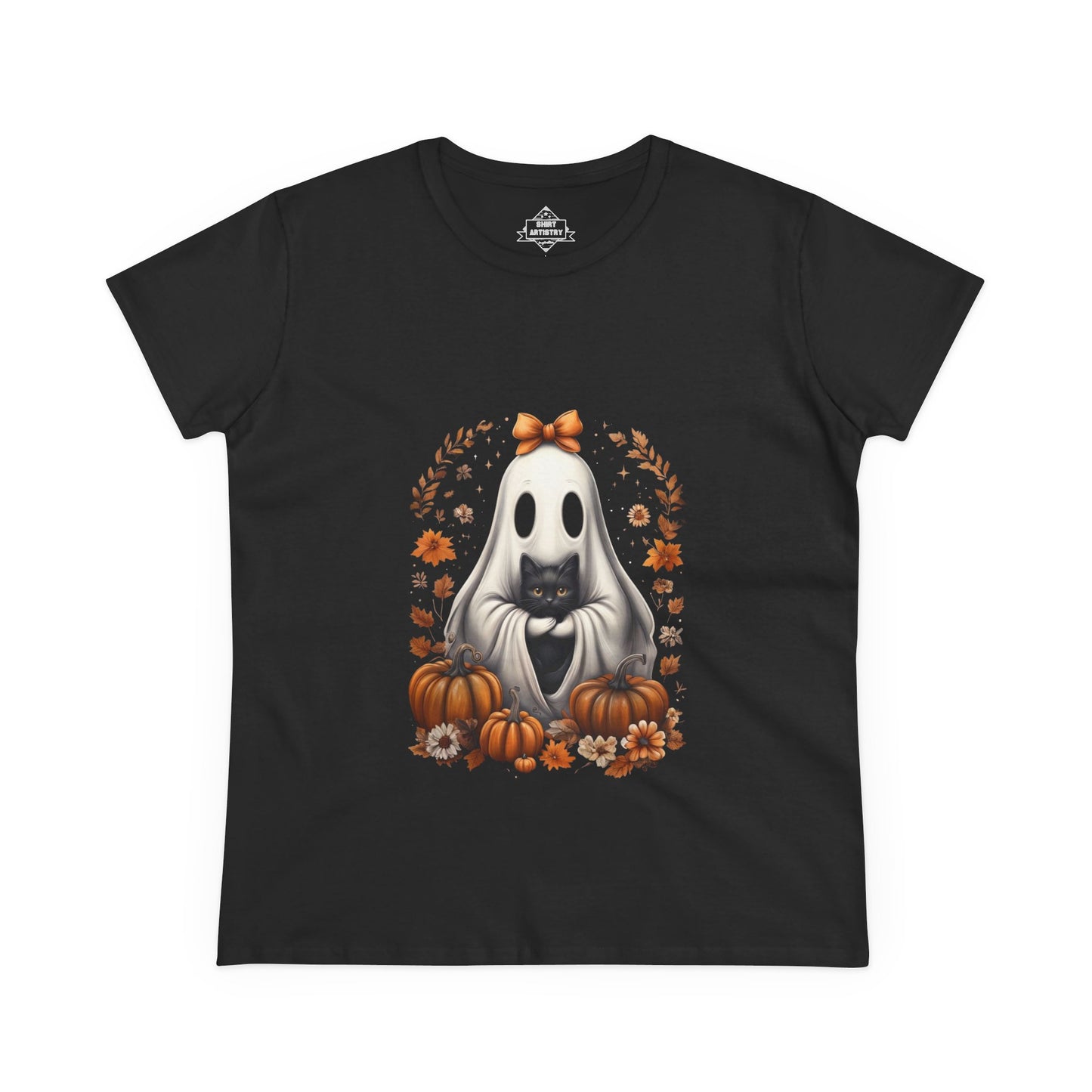 Cute Ghost and Black Cat Halloween T-Shirt | Cozy Fall Pumpkin Shirt | Spooky Season Aesthetic Apparel Gift for Halloween Lovers