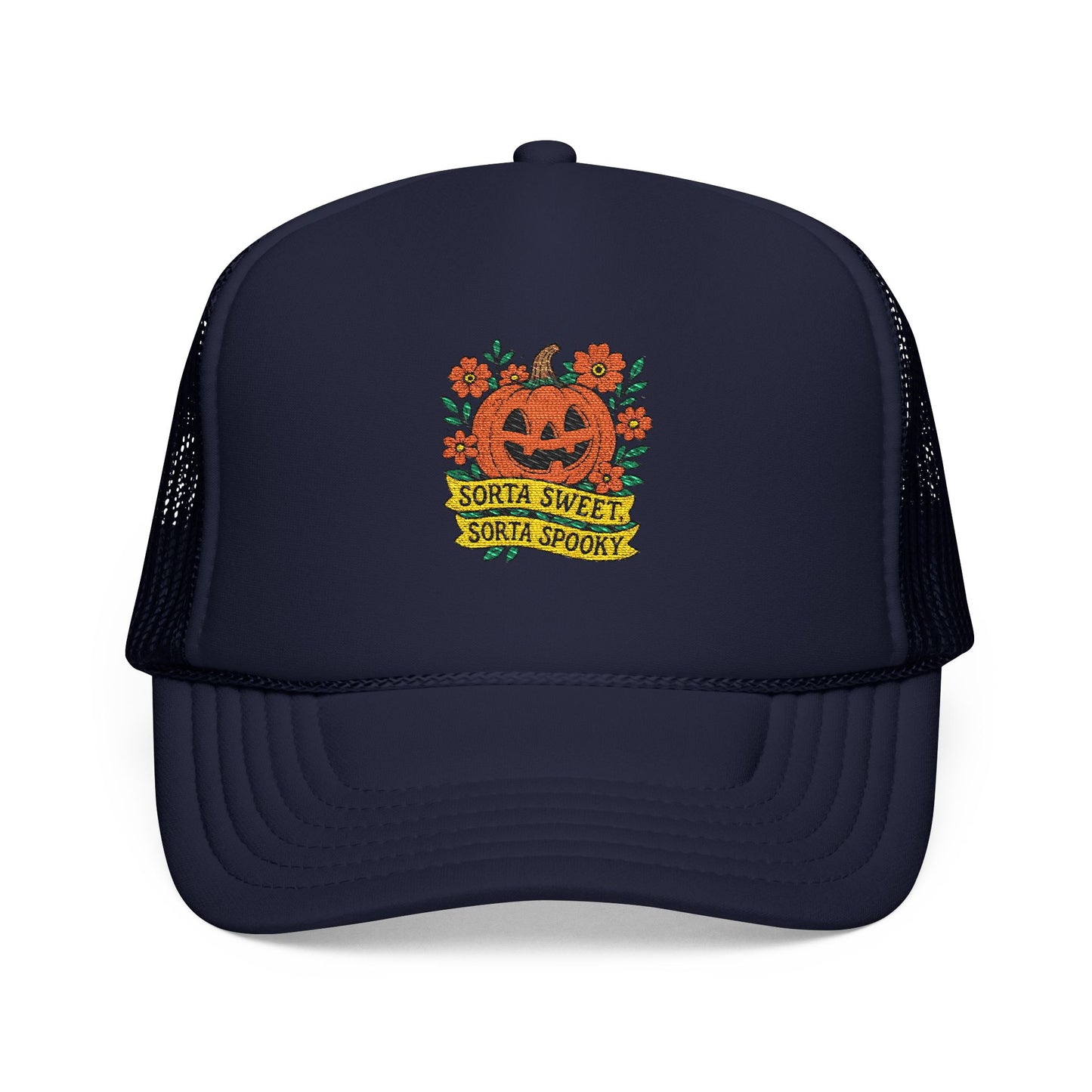 Cute Pumpkin Design – Sorta Sweet, Sorta Spooky Halloween Artwork Trucker Hat Embroidered