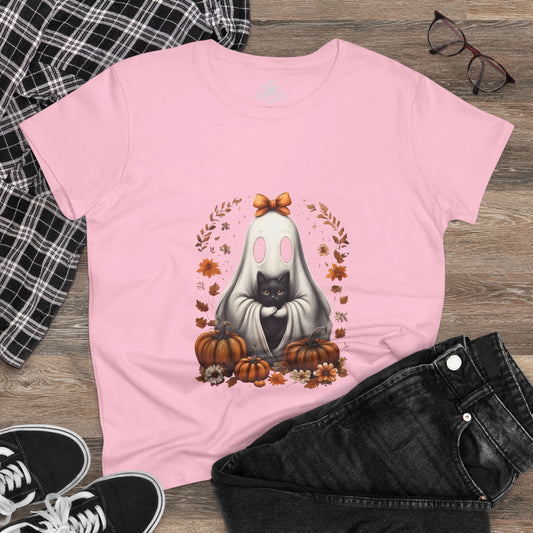 Cute Ghost and Black Cat Halloween T-Shirt | Cozy Fall Pumpkin Shirt | Spooky Season Aesthetic Apparel Gift for Halloween Lovers