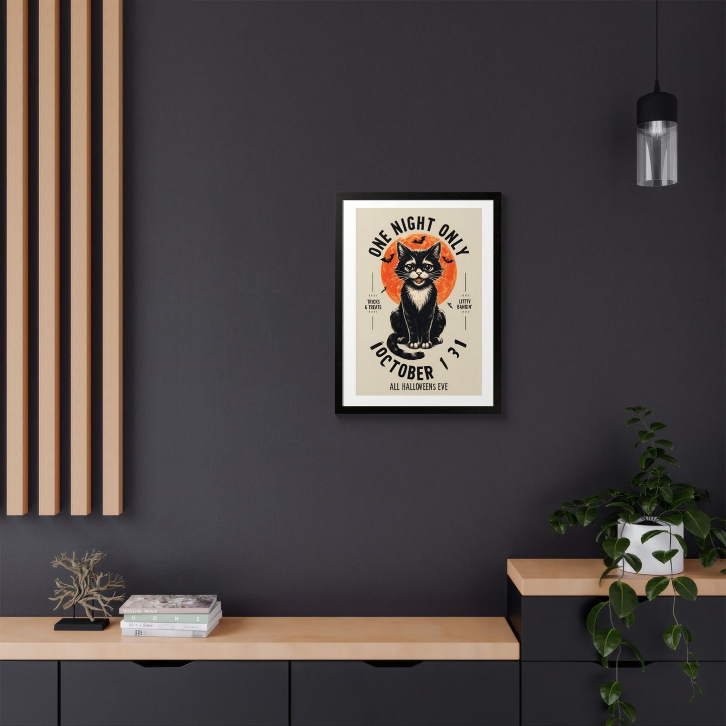 Halloween Black Cat Design | One Night Only October 31 Vintage Artwork Framed Print
