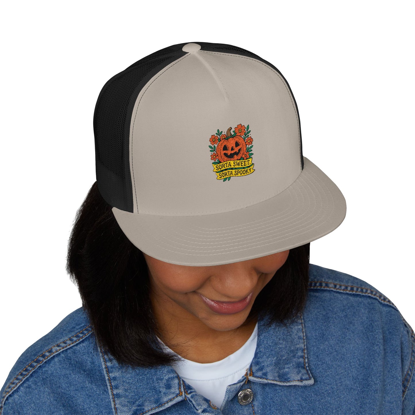 Cute Pumpkin Design – Sorta Sweet, Sorta Spooky Halloween Artwork 5 Panel Trucker