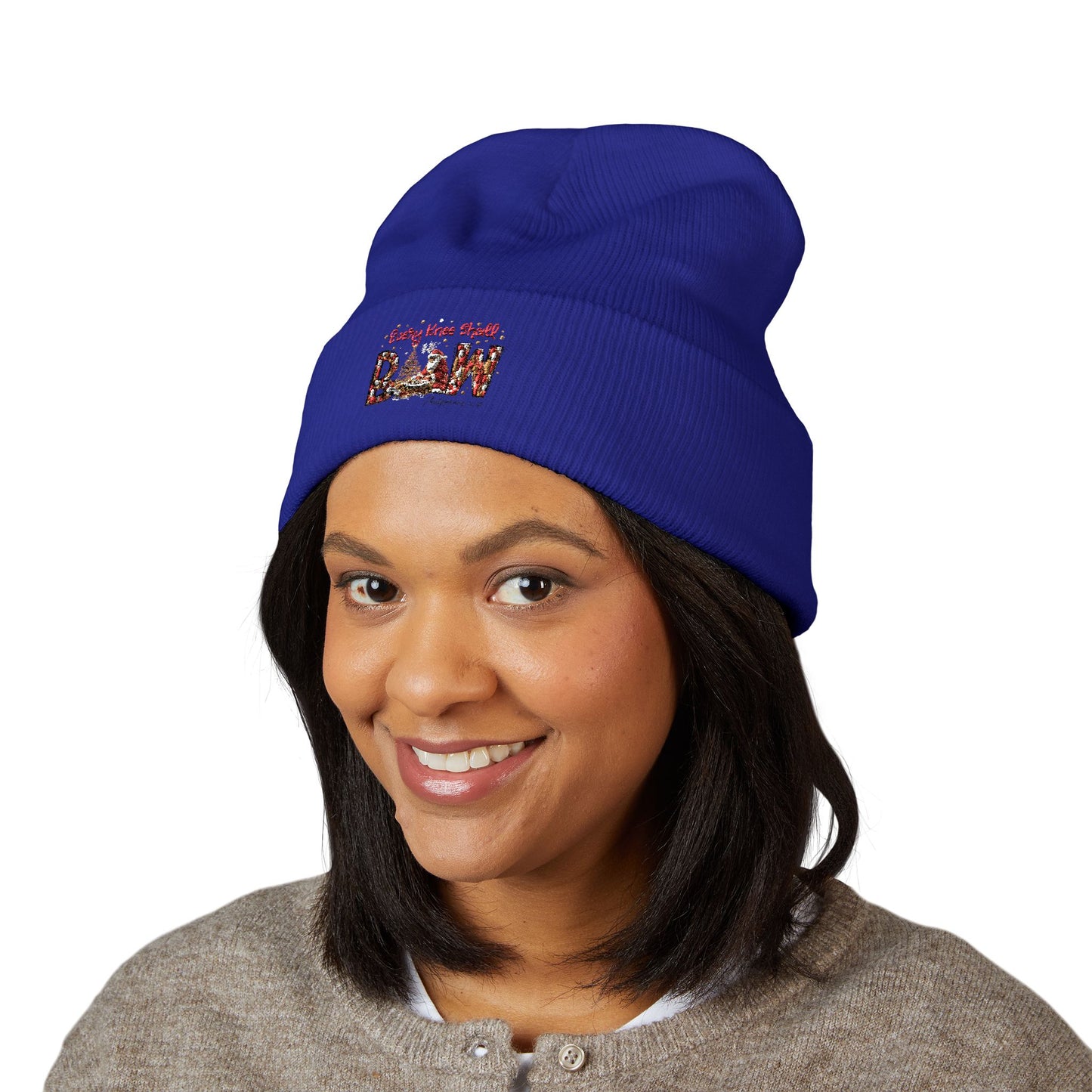 Every Knee Shall Bow Philippians 2:10 | Christian Christmas Design with Santa & Baby Jesus | Faith-Based Holiday Gift Cuffed Beanie