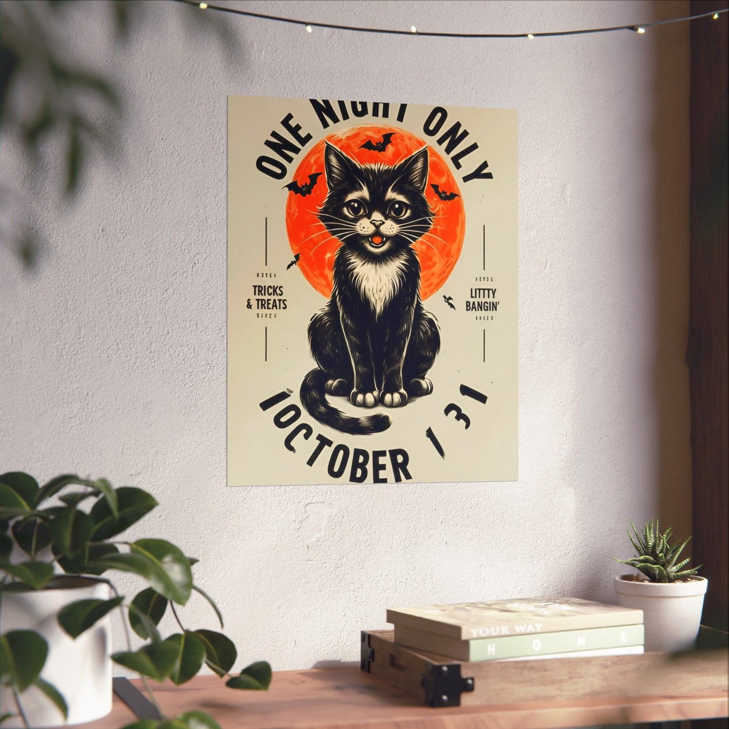 Halloween Black Cat Design | One Night Only October 31 Vintage Artwork Design Poster