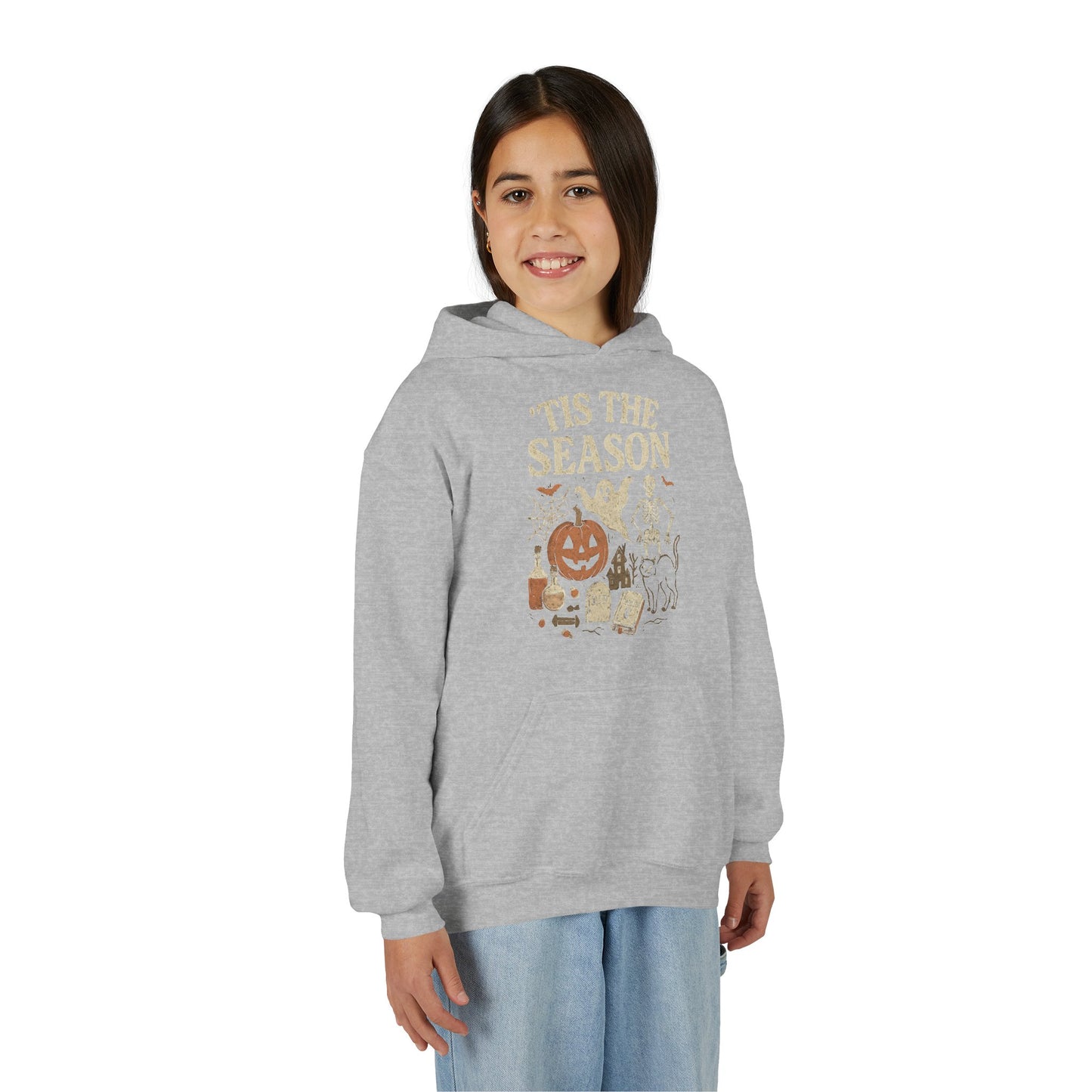 ‘Tis the Season Halloween  | Vintage Spooky Season Shirt with Ghost, Skeleton & Pumpkin | Retro Halloween Graphic Tee for Fall Kids Hoodie