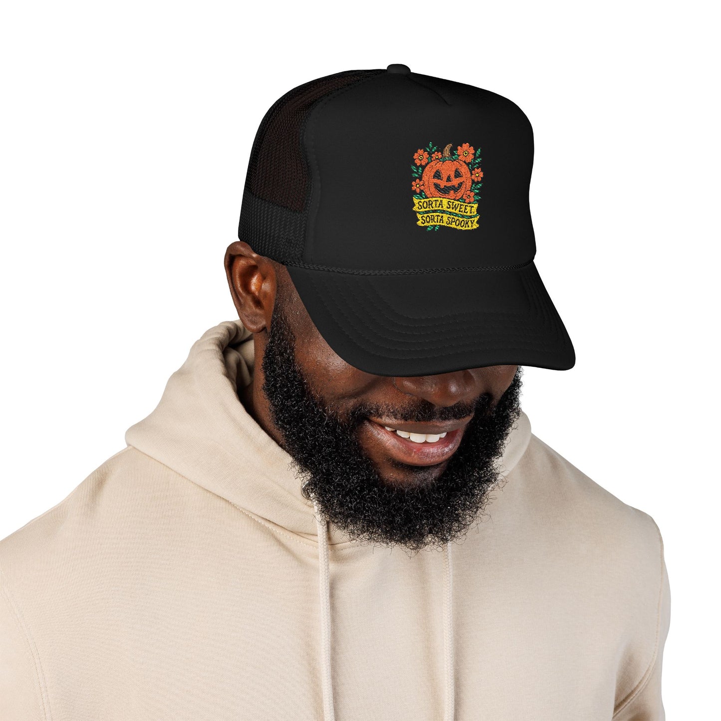 Cute Pumpkin Design – Sorta Sweet, Sorta Spooky Halloween Artwork Trucker Hat Embroidered