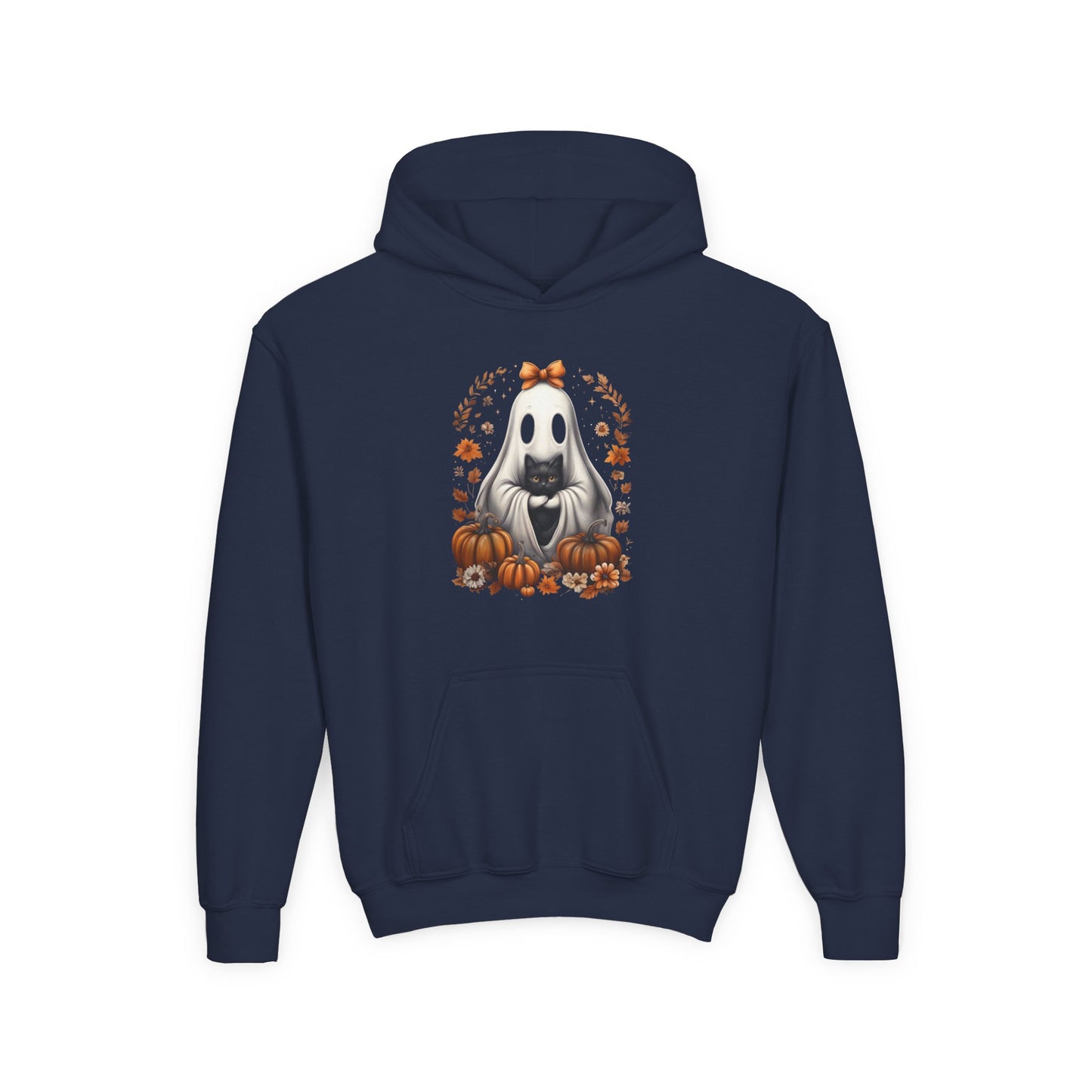 Cute Ghost and Black Cat Halloween T-Shirt | Cozy Fall Pumpkin Shirt | Spooky Season Aesthetic Apparel Gift for Halloween Lovers Kids Hoodie