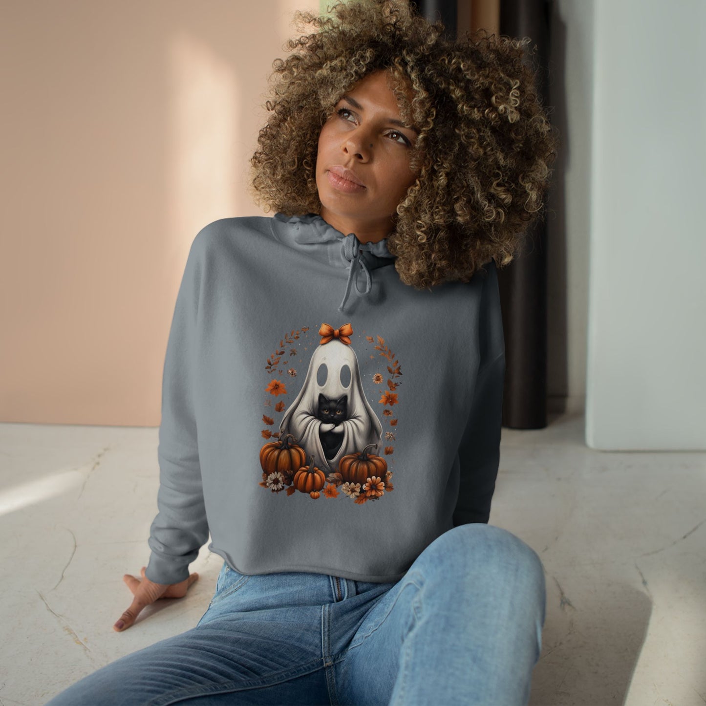 Cute Ghost and Black Cat Halloween  | Cozy Fall Pumpkin Shirt | Spooky Season Aesthetic Apparel Gift for Halloween Lovers