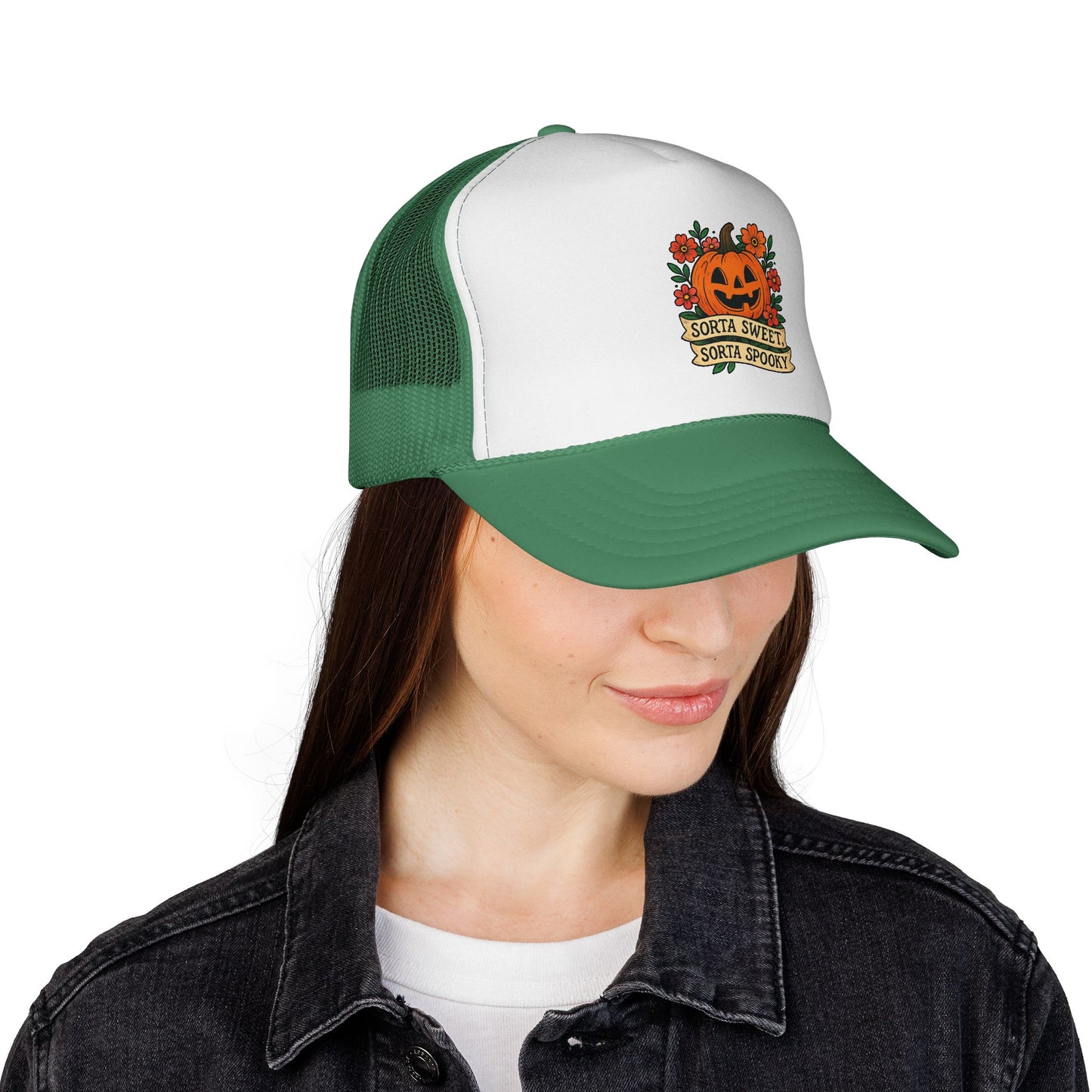 Cute Pumpkin Design – Sorta Sweet, Sorta Spooky Halloween Artwork Trucker Hat printed