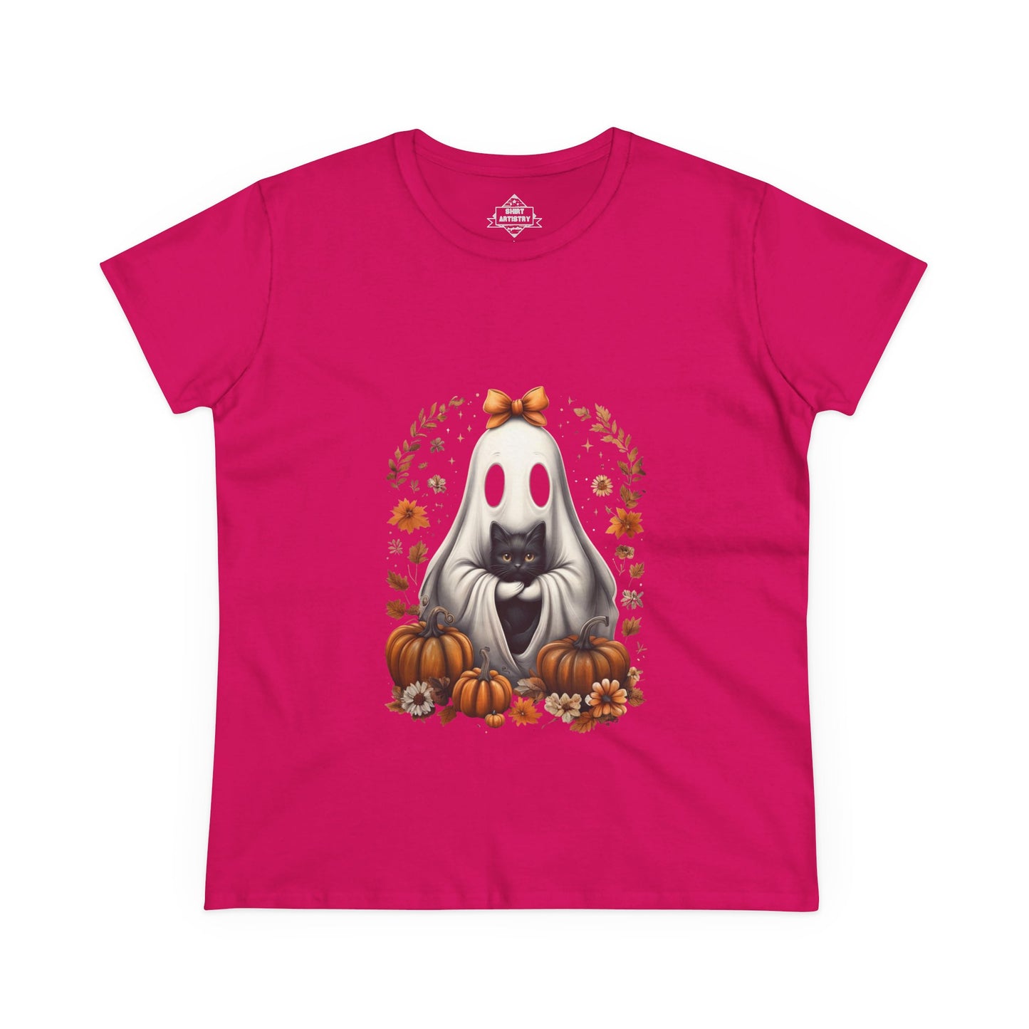 Cute Ghost and Black Cat Halloween T-Shirt | Cozy Fall Pumpkin Shirt | Spooky Season Aesthetic Apparel Gift for Halloween Lovers