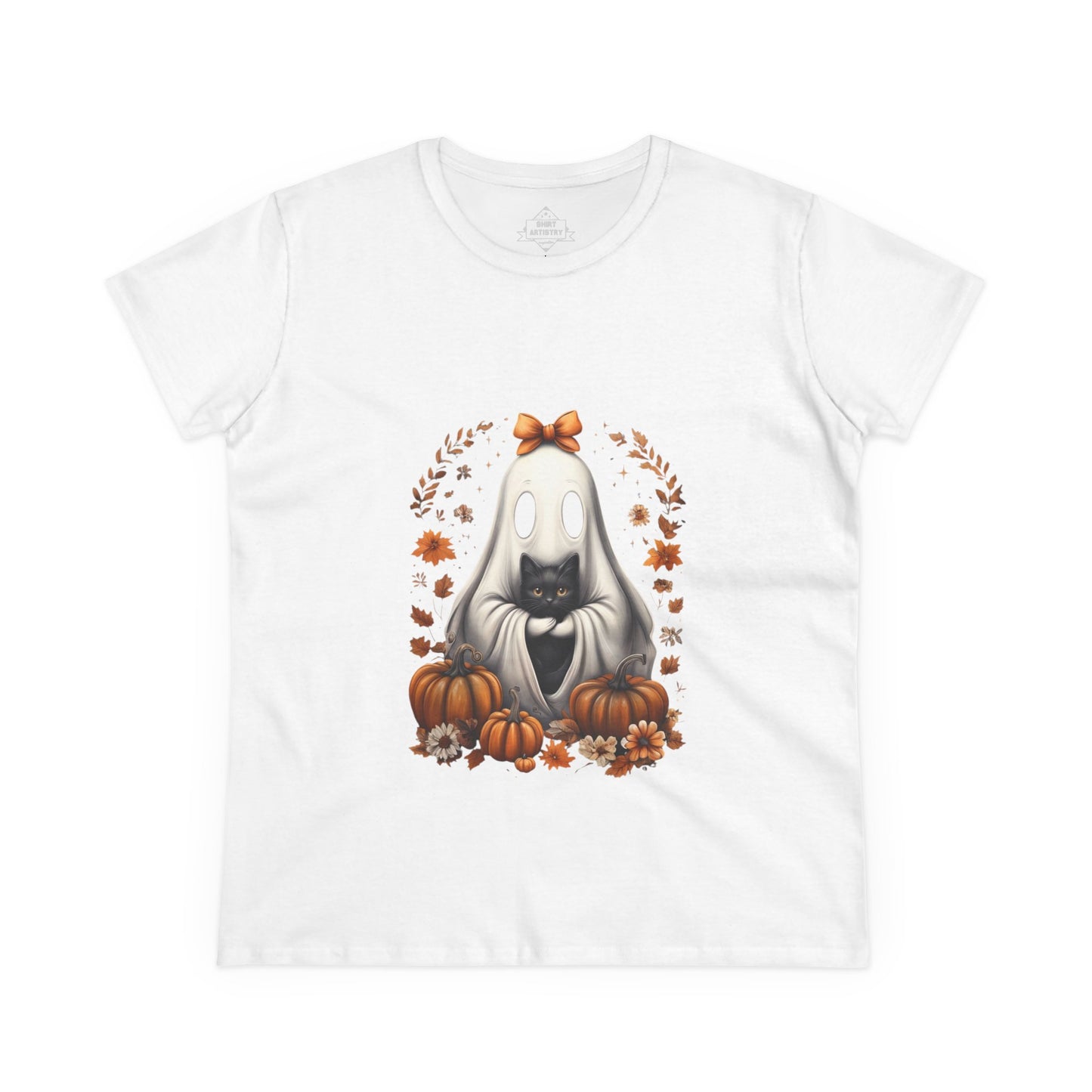 Cute Ghost and Black Cat Halloween T-Shirt | Cozy Fall Pumpkin Shirt | Spooky Season Aesthetic Apparel Gift for Halloween Lovers