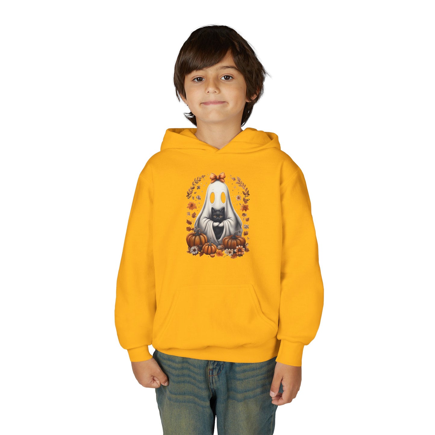 Cute Ghost and Black Cat Halloween T-Shirt | Cozy Fall Pumpkin Shirt | Spooky Season Aesthetic Apparel Gift for Halloween Lovers Kids Hoodie