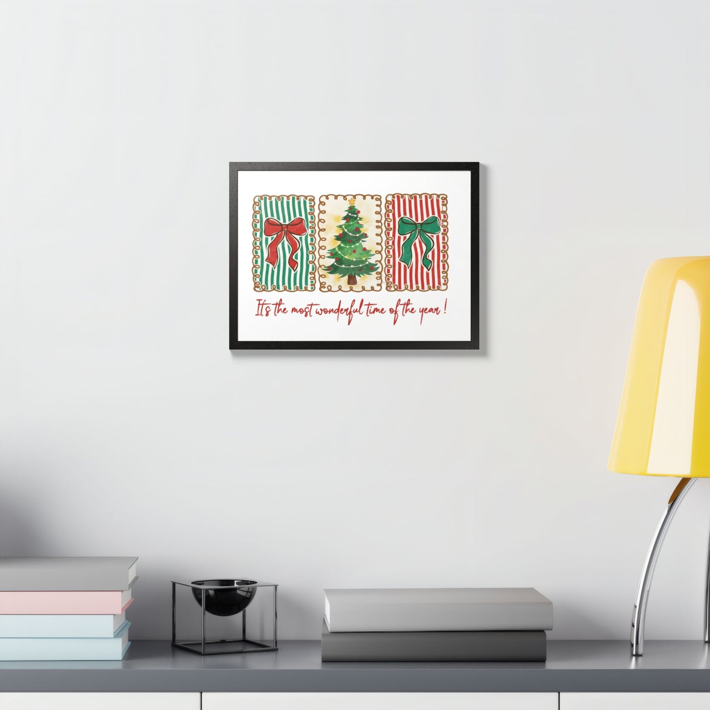 Festive Christmas Tree & Bow Design | It’s the Most Wonderful Time of the Year – Holiday Shirt, Mug, Tote & Home Decor Framed Print