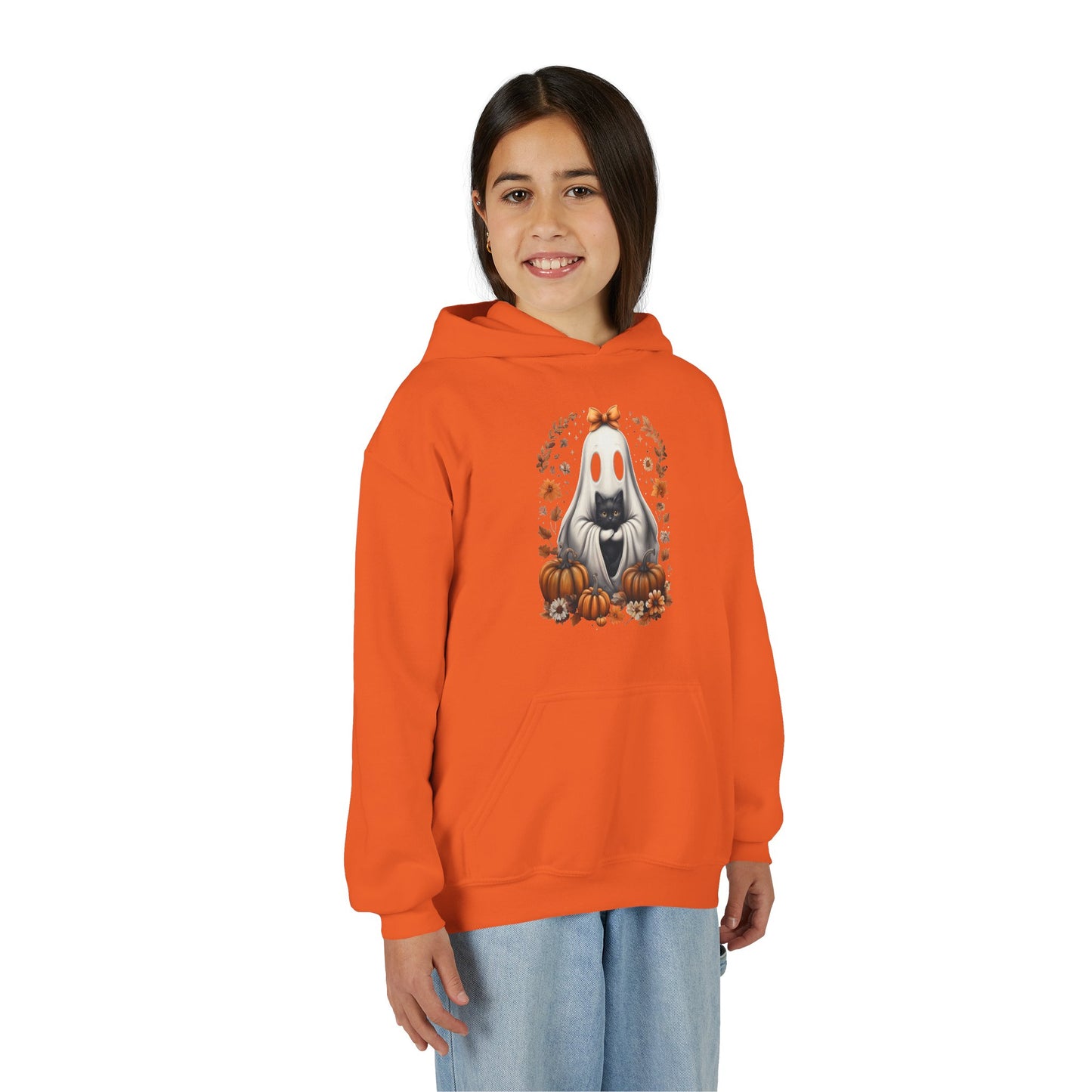 Cute Ghost and Black Cat Halloween T-Shirt | Cozy Fall Pumpkin Shirt | Spooky Season Aesthetic Apparel Gift for Halloween Lovers Kids Hoodie