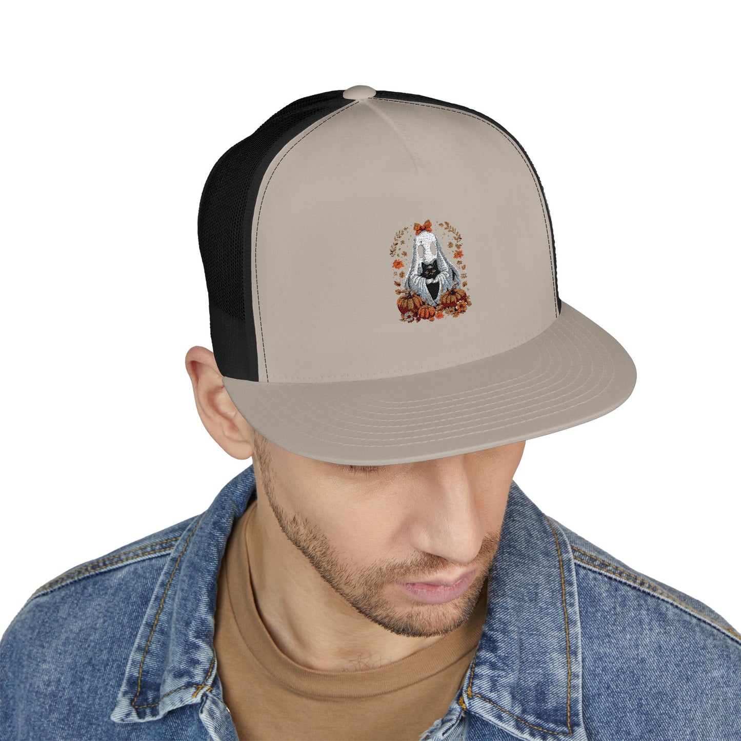 Cute Ghost and Black Cat Halloween T-Shirt | Cozy Fall Pumpkin Shirt | Spooky Season Aesthetic Apparel Gift for Halloween Lovers 5 Panel Trucker