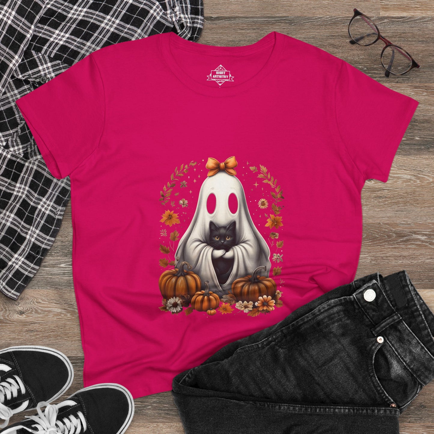 Cute Ghost and Black Cat Halloween T-Shirt | Cozy Fall Pumpkin Shirt | Spooky Season Aesthetic Apparel Gift for Halloween Lovers