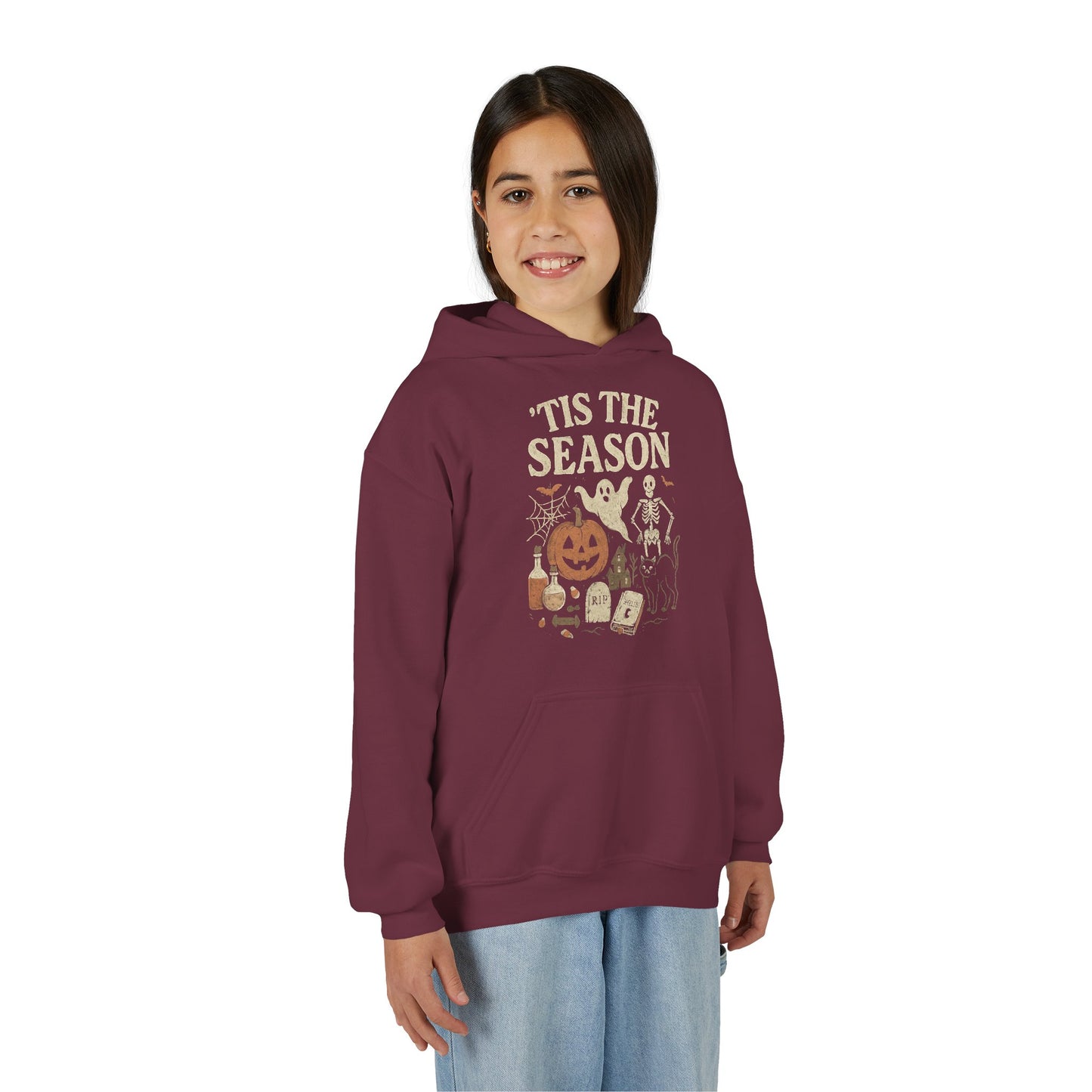 ‘Tis the Season Halloween  | Vintage Spooky Season Shirt with Ghost, Skeleton & Pumpkin | Retro Halloween Graphic Tee for Fall Kids Hoodie