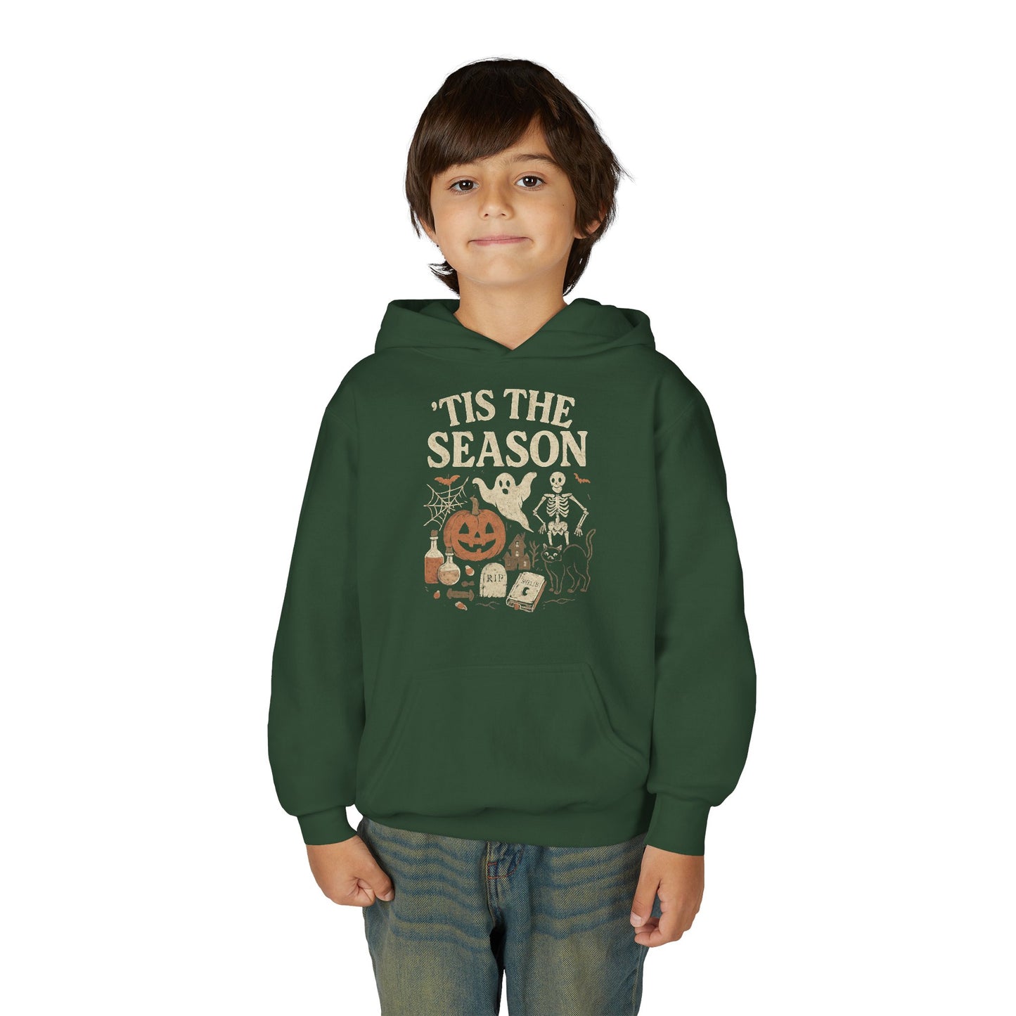 ‘Tis the Season Halloween  | Vintage Spooky Season Shirt with Ghost, Skeleton & Pumpkin | Retro Halloween Graphic Tee for Fall Kids Hoodie