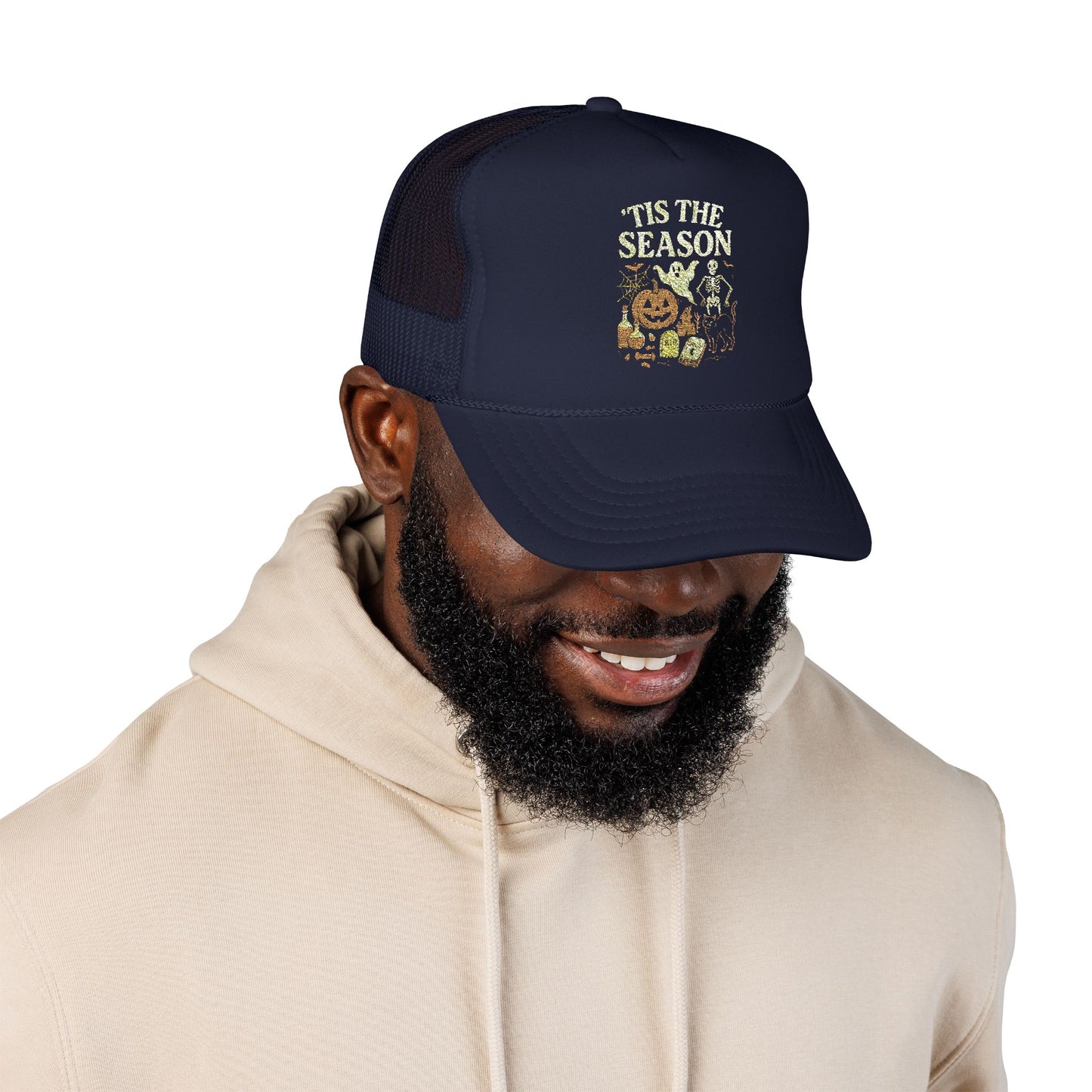 ‘Tis the Season Halloween T‑Shirt | Vintage Spooky Season Shirt with Ghost, Skeleton & Pumpkin | Retro Halloween Graphic Tee for Fall Trucker Hat Embroidered