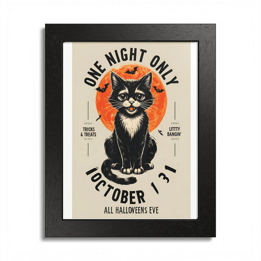 Halloween Black Cat Design | One Night Only October 31 Vintage Artwork Framed Print