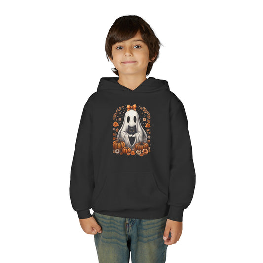Cute Ghost and Black Cat Halloween T-Shirt | Cozy Fall Pumpkin Shirt | Spooky Season Aesthetic Apparel Gift for Halloween Lovers Kids Hoodie