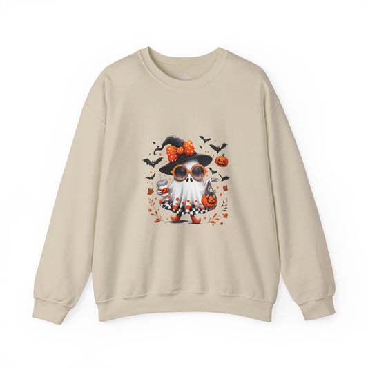 Trendy Halloween Ghost with Witch  and Sunglasses | Cute Spooky Chic Pumpkin Art Print | Fashion Ghost Fall Aesthetic Design