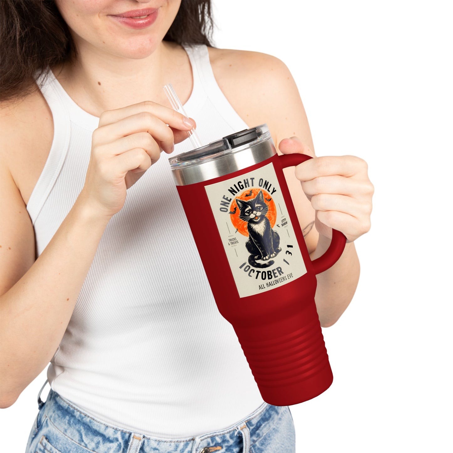 Halloween Black Cat Design | One Night Only October 31 Vintage Artwork Travel Mug