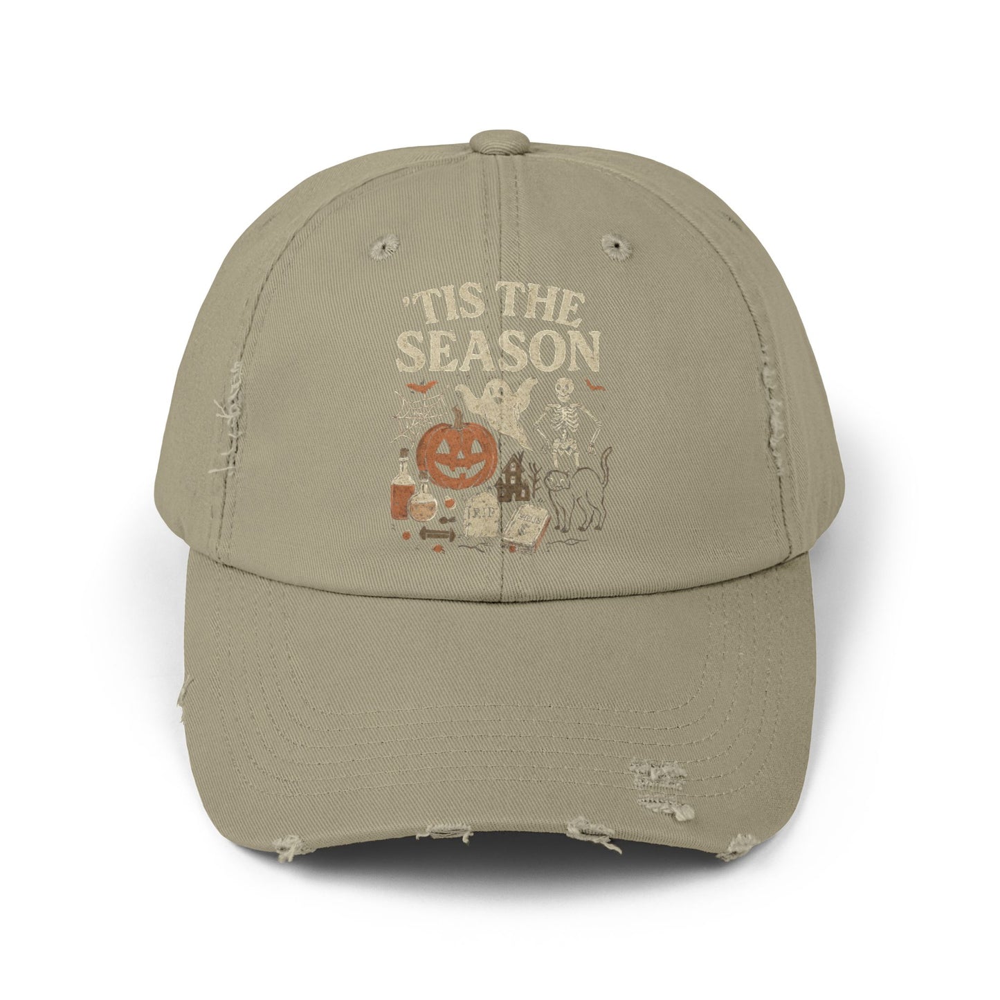 ‘Tis the Season Halloween  | Vintage Spooky Season Shirt with Ghost, Skeleton & Pumpkin | Retro Halloween Graphic Tee for Fall Distressed cap