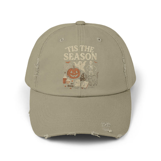 ‘Tis the Season Halloween  | Vintage Spooky Season Shirt with Ghost, Skeleton & Pumpkin | Retro Halloween Graphic Tee for Fall Distressed cap