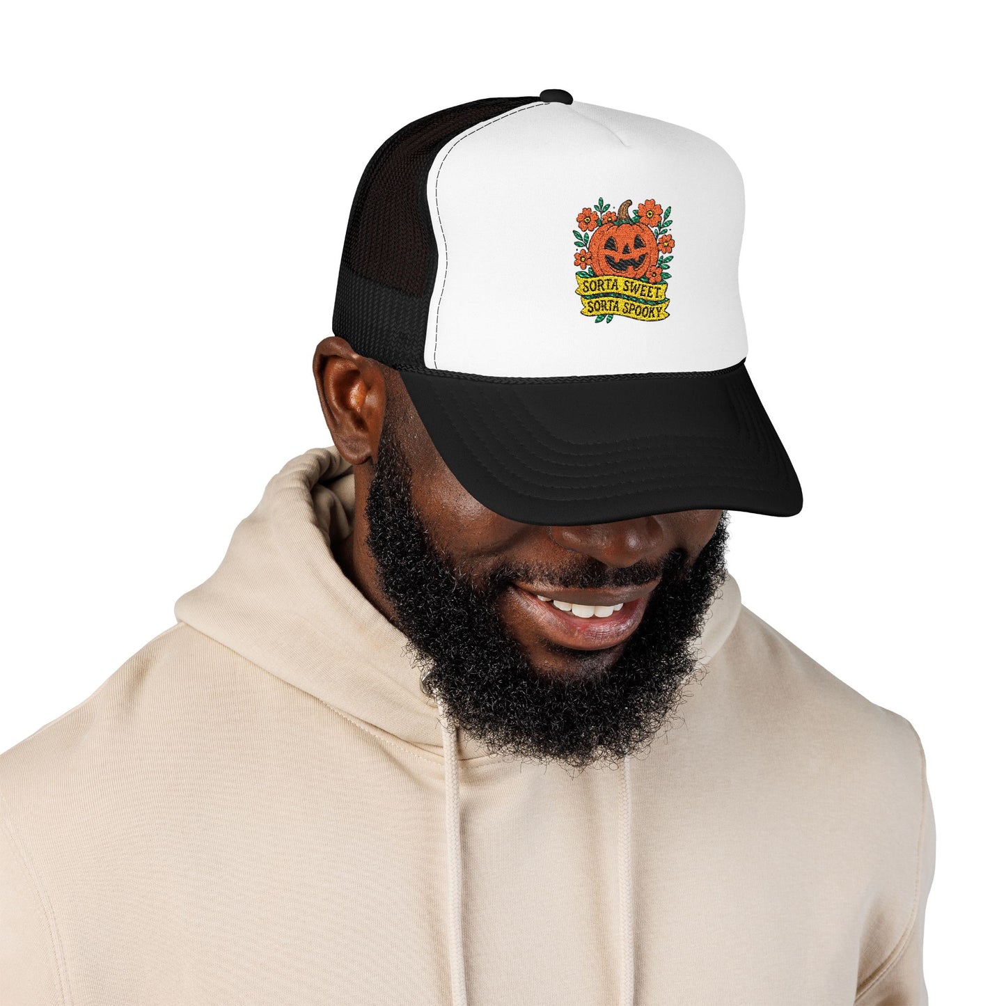 Cute Pumpkin Design – Sorta Sweet, Sorta Spooky Halloween Artwork Trucker Hat Embroidered