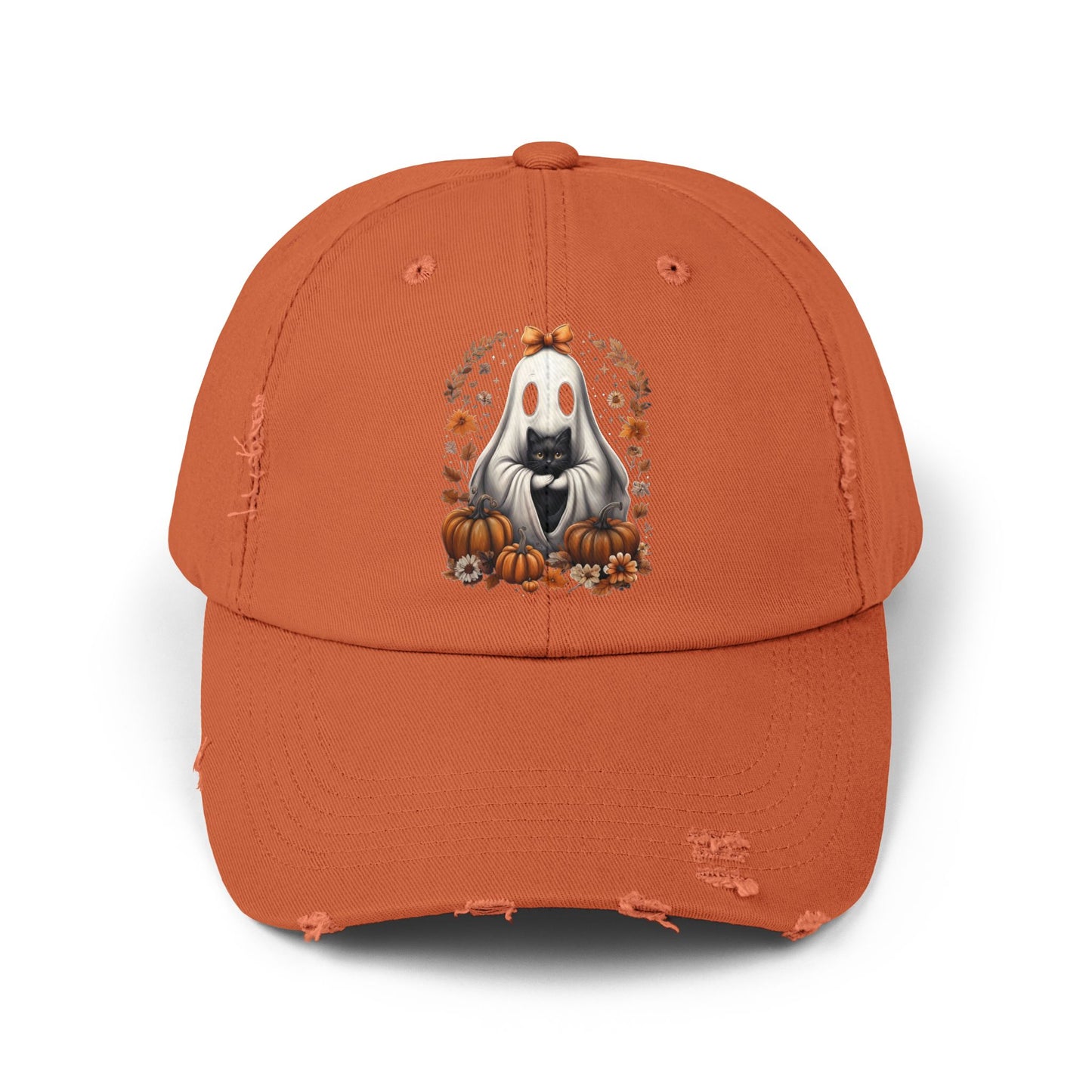 Cute Ghost and Black Cat Halloween T-Shirt | Cozy Fall Pumpkin Shirt | Spooky Season Aesthetic Apparel Gift for Halloween Lovers Distressed cap