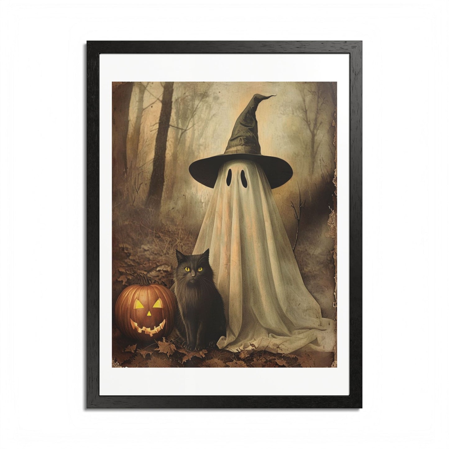 Halloween Framed Poster, Ghost and Cat Art, Spooky Home Decor, Fall Decoration, Trick or Treat, Halloween Wall Art, Framed Print