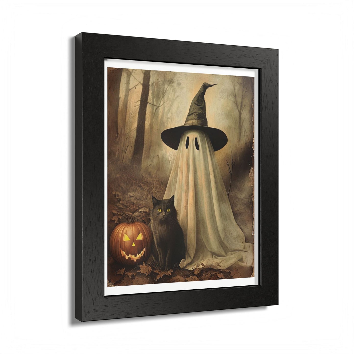 Halloween Framed Poster, Ghost and Cat Art, Spooky Home Decor, Fall Decoration, Trick or Treat, Halloween Wall Art, Framed Print