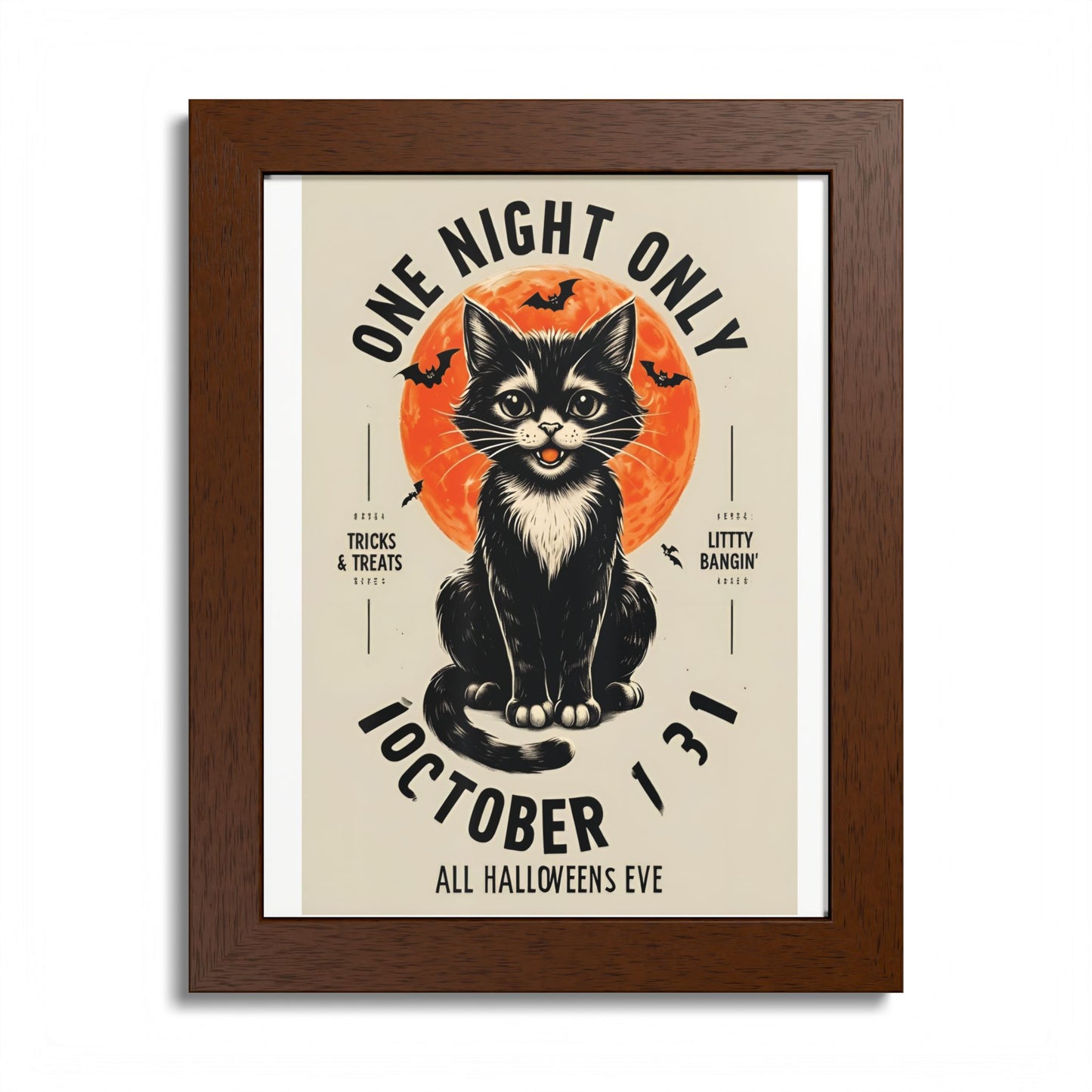 Halloween Black Cat Design | One Night Only October 31 Vintage Artwork Framed Print
