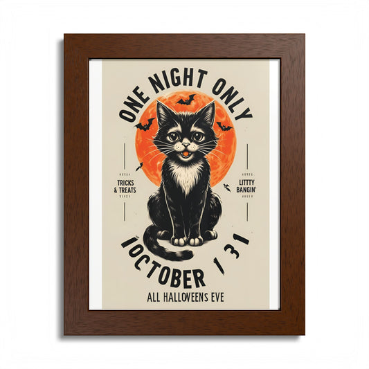 Halloween Black Cat Design | One Night Only October 31 Vintage Artwork Framed Print