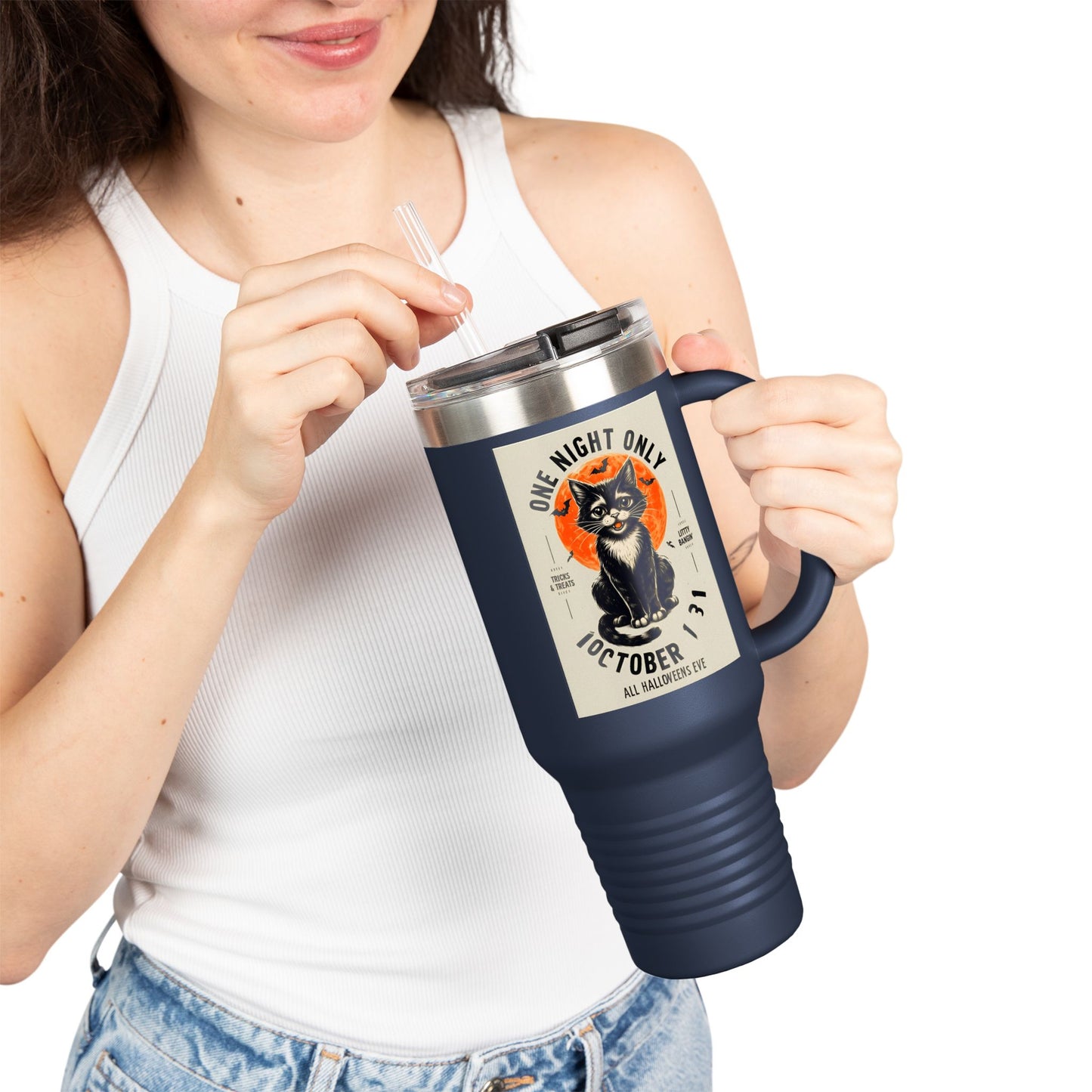 Halloween Black Cat Design | One Night Only October 31 Vintage Artwork Travel Mug