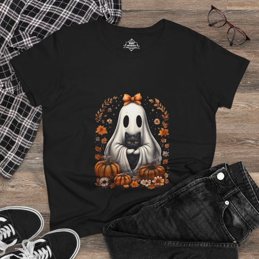 Cute Ghost and Black Cat Halloween T-Shirt | Cozy Fall Pumpkin Shirt | Spooky Season Aesthetic Apparel Gift for Halloween Lovers