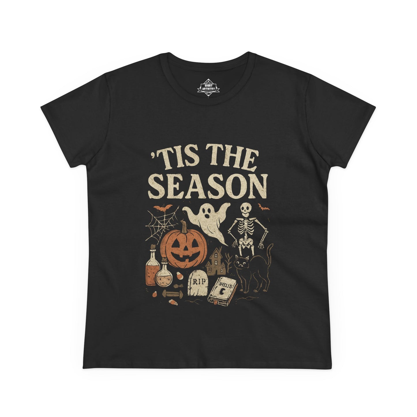 ‘Tis the Season Halloween T‑Shirt | Vintage Spooky Season Shirt with Ghost, Skeleton & Pumpkin | Retro Halloween Graphic Tee for Fall
