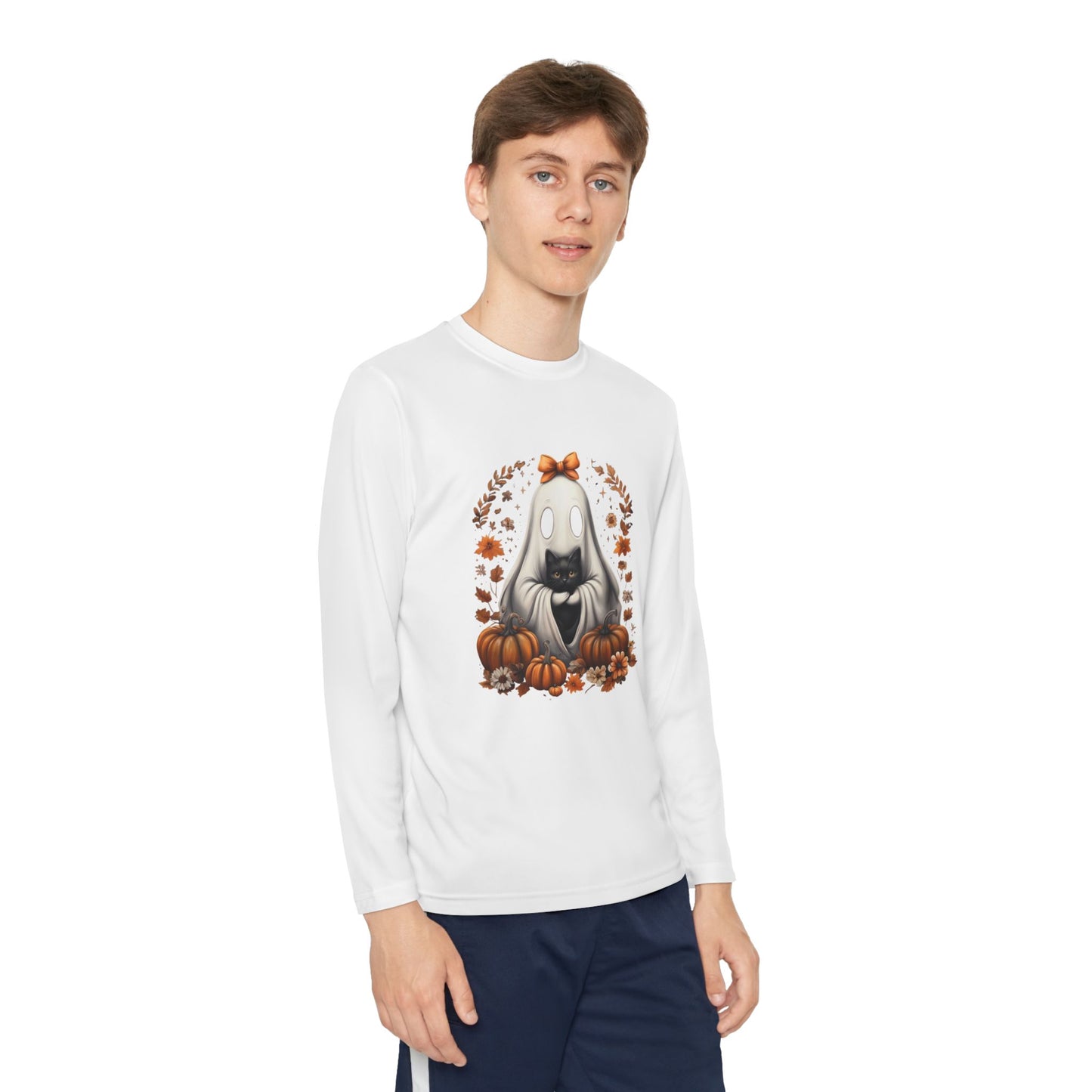Cute Ghost and Black Cat Halloween T-Shirt | Cozy Fall Pumpkin Shirt | Spooky Season Aesthetic Apparel Gift for Halloween Lovers