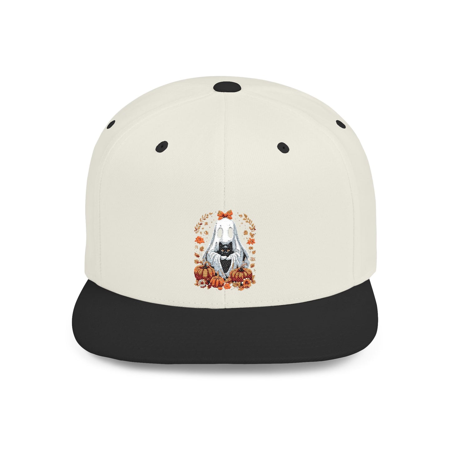 Cute Ghost and Black Cat Halloween T-Shirt | Cozy Fall Pumpkin Shirt | Spooky Season Aesthetic Apparel Gift for Halloween Lovers Snapback Cap