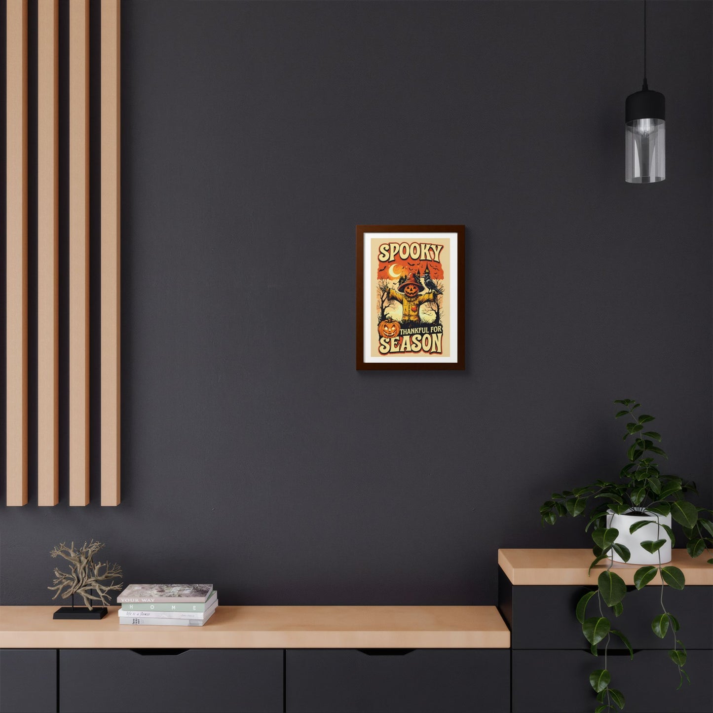 Spooky Thankful for the Season Wall Art – Halloween Pumpkin Scarecrow Poster | Autumn Fall Décor Framed Print