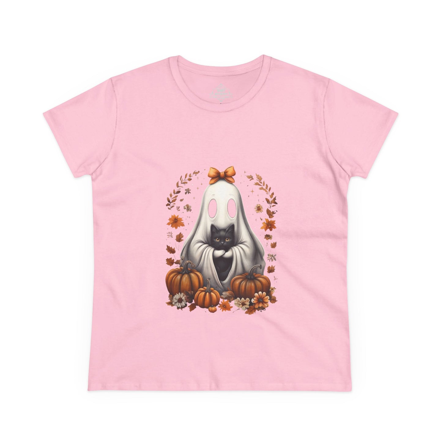 Cute Ghost and Black Cat Halloween T-Shirt | Cozy Fall Pumpkin Shirt | Spooky Season Aesthetic Apparel Gift for Halloween Lovers