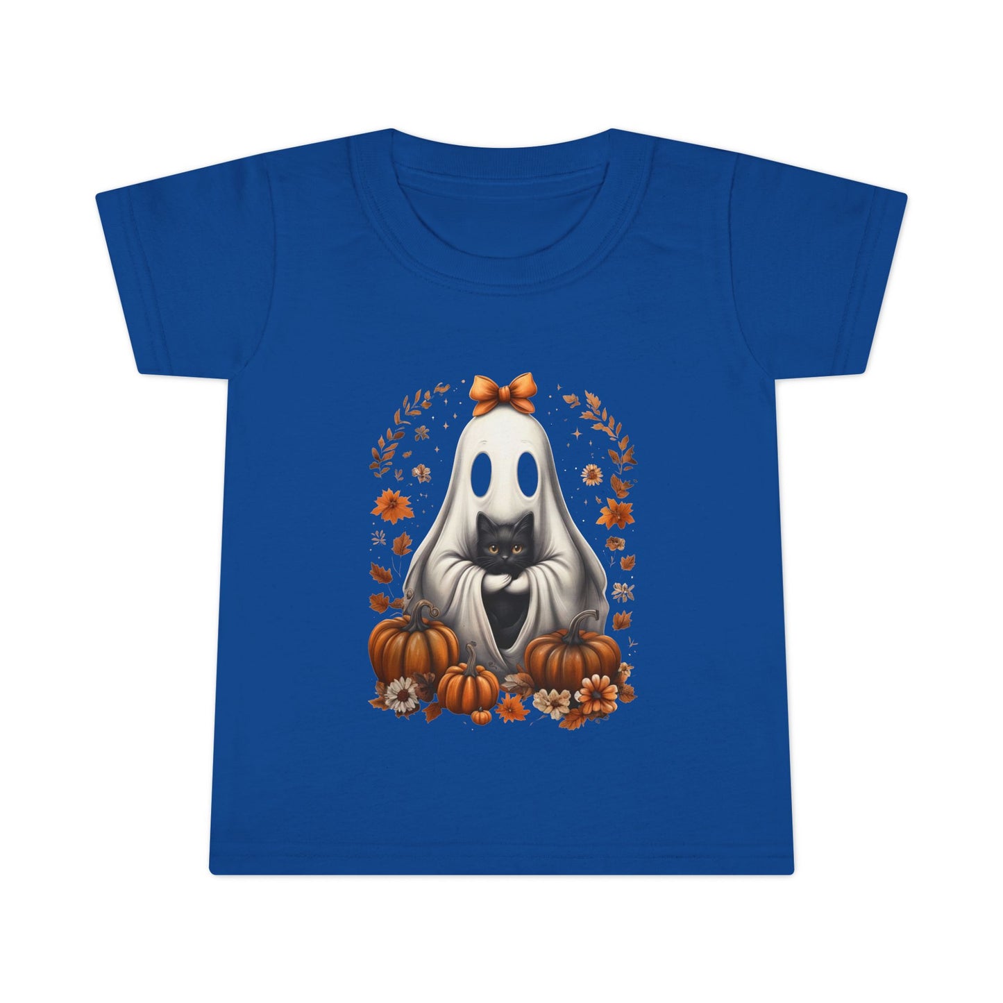 Cute Ghost and Black Cat Halloween T-Shirt | Cozy Fall Pumpkin Shirt | Spooky Season Aesthetic Apparel Gift for Halloween Lovers Toddler T-Shirt