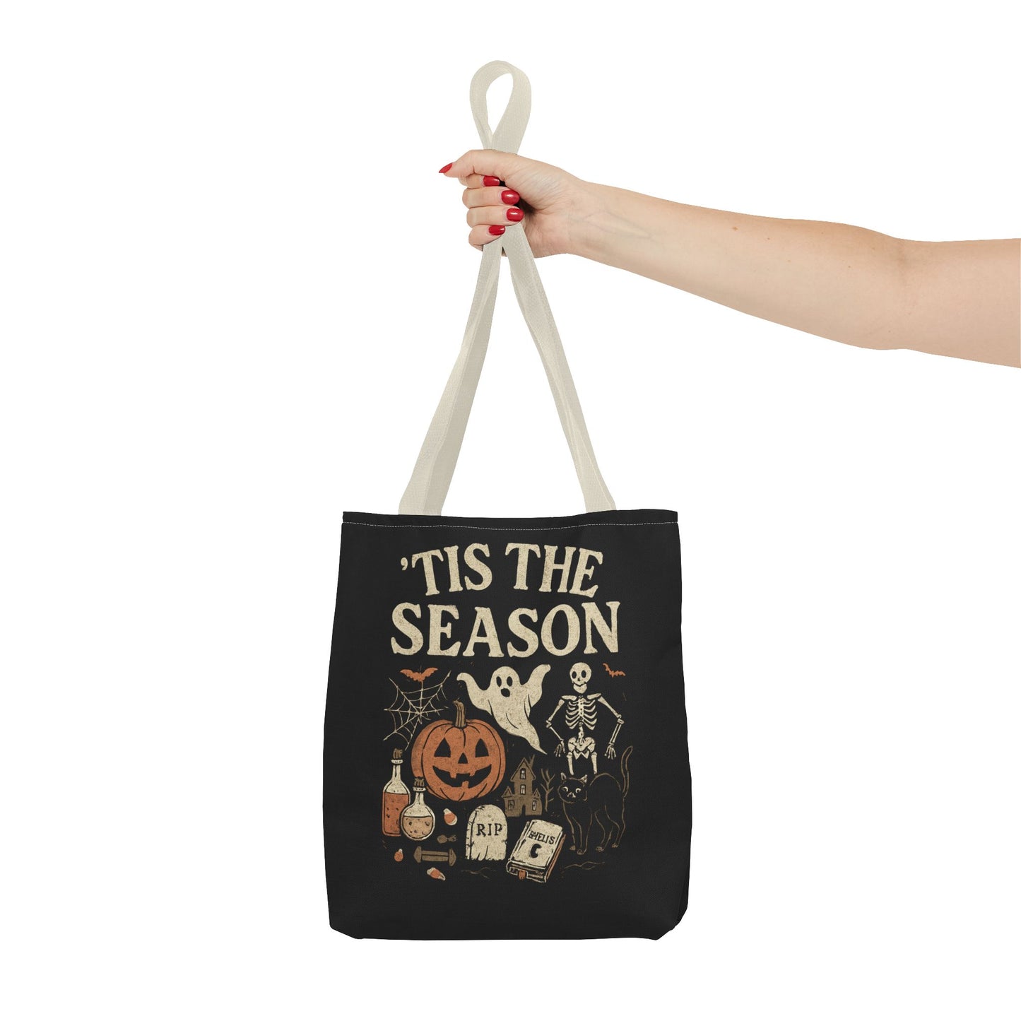 'Tis the Season Halloween Tote Bag, Spooky Bag, Trick or Treat Bag, Autumn Accessories, Ghost & Pumpkin Design Tote Bags