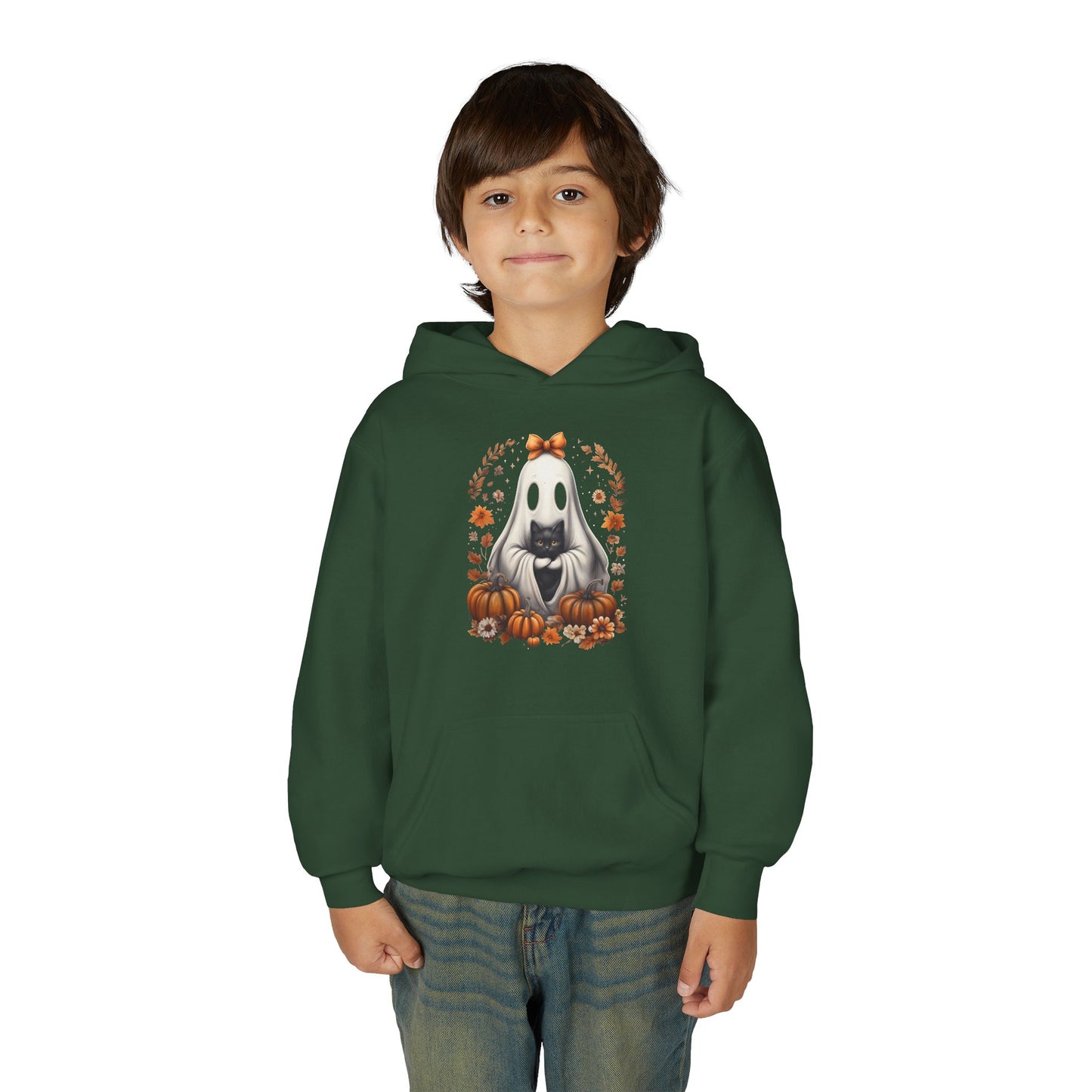 Cute Ghost and Black Cat Halloween T-Shirt | Cozy Fall Pumpkin Shirt | Spooky Season Aesthetic Apparel Gift for Halloween Lovers Kids Hoodie