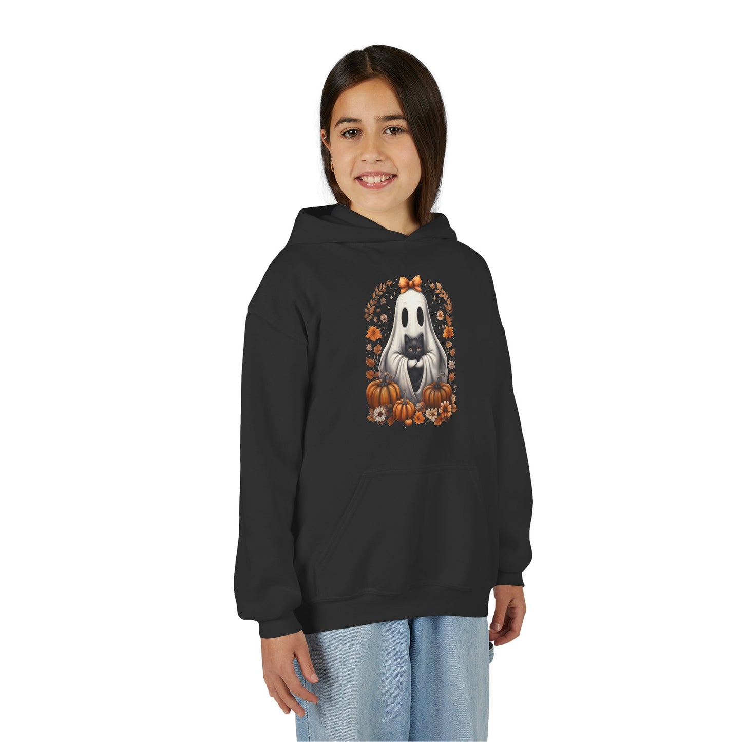 Cute Ghost and Black Cat Halloween T-Shirt | Cozy Fall Pumpkin Shirt | Spooky Season Aesthetic Apparel Gift for Halloween Lovers Kids Hoodie