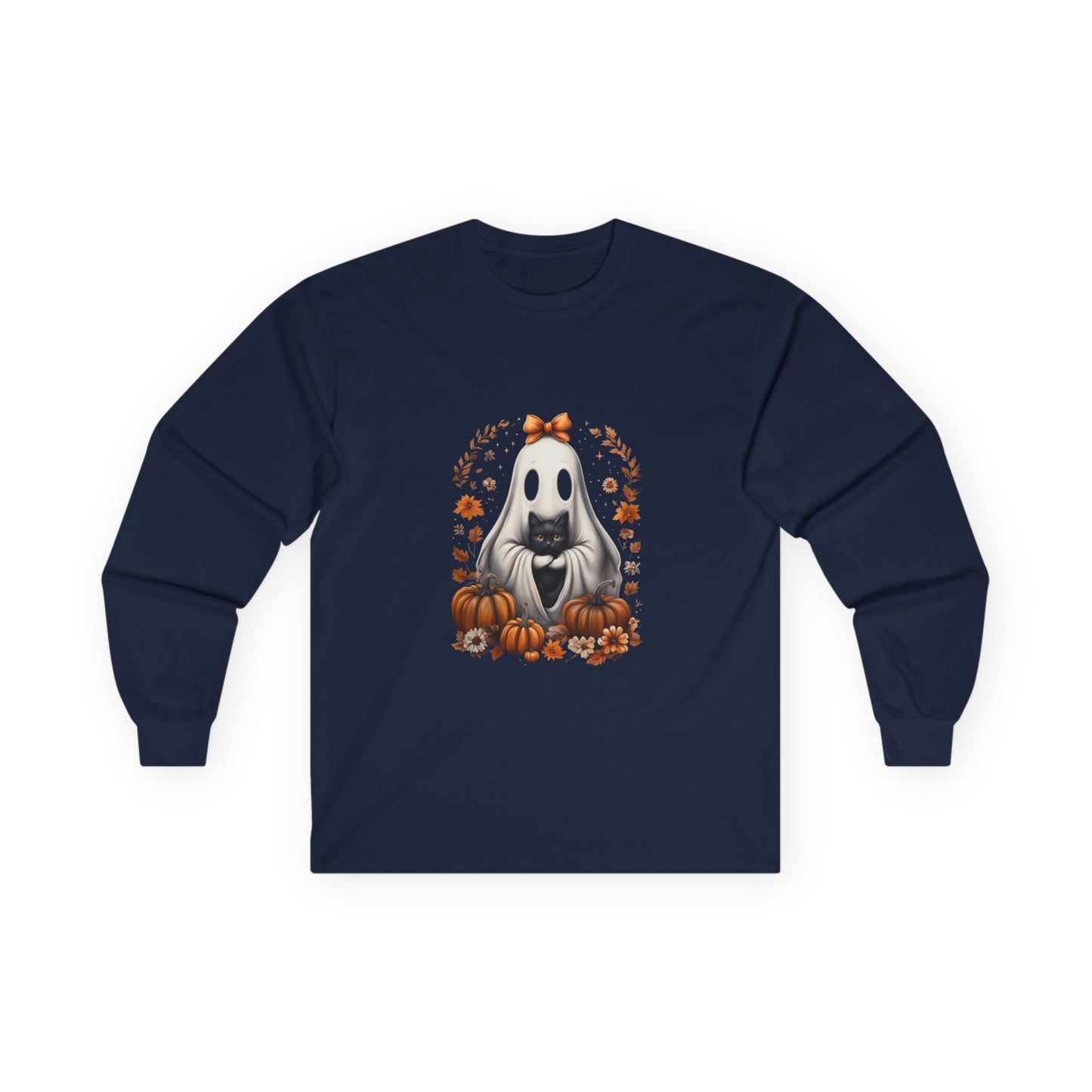 Cute Ghost and Black Cat Halloween T-Shirt | Cozy Fall Pumpkin Shirt | Spooky Season Aesthetic Apparel Gift for Halloween Lovers