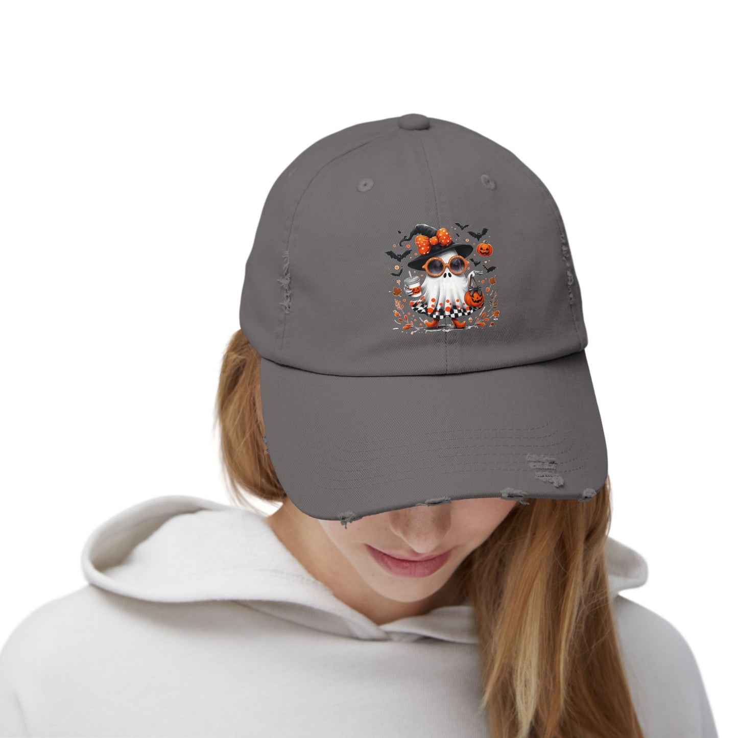 Cute Halloween Ghost  | Trendy Witch Ghost Outfit | Spooky Fall Shirt for Women | Pumpkin Aesthetic Halloween Apparel Gift Distressed cap