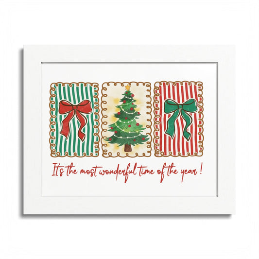 Festive Christmas Tree & Bow Design | It’s the Most Wonderful Time of the Year – Holiday Shirt, Mug, Tote & Home Decor Framed Print