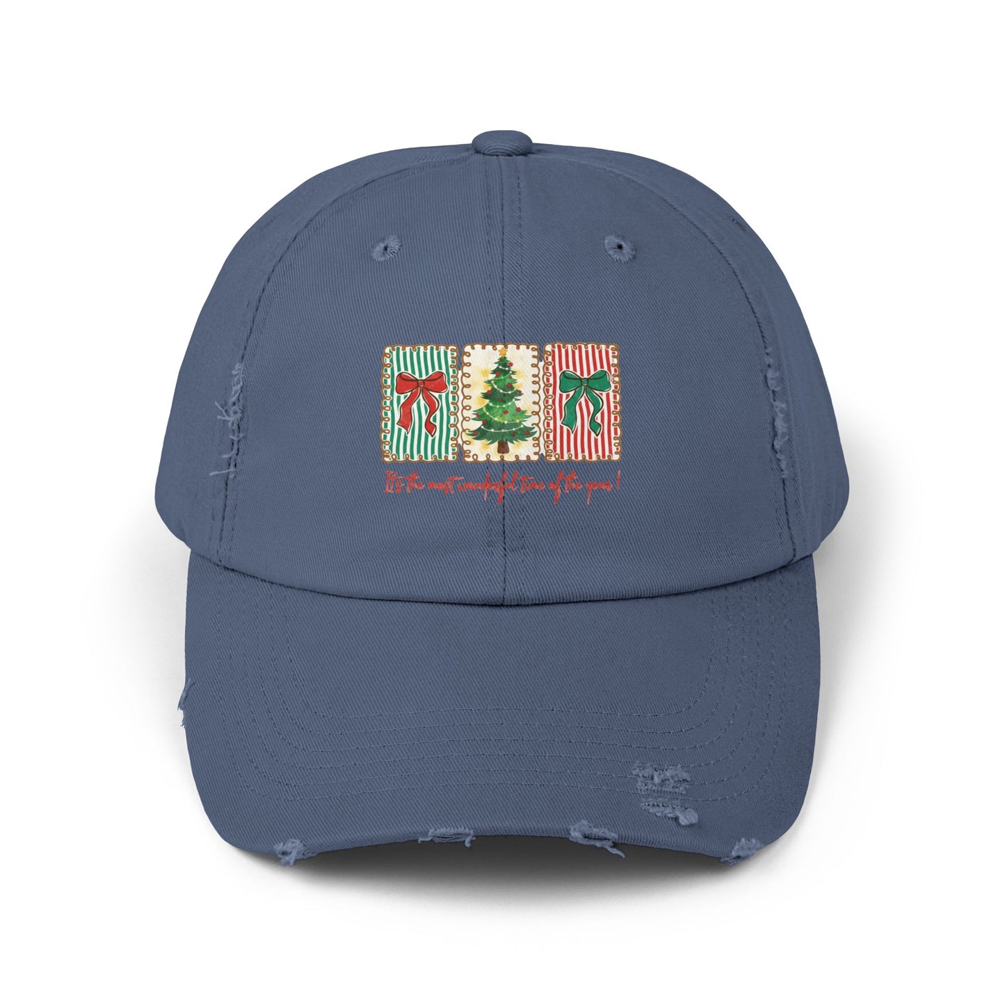 Festive Christmas Tree & Bow Design | It’s the Most Wonderful Time of the Year – Holiday Shirt, Mug, Tote & Home Decor Distressed cap