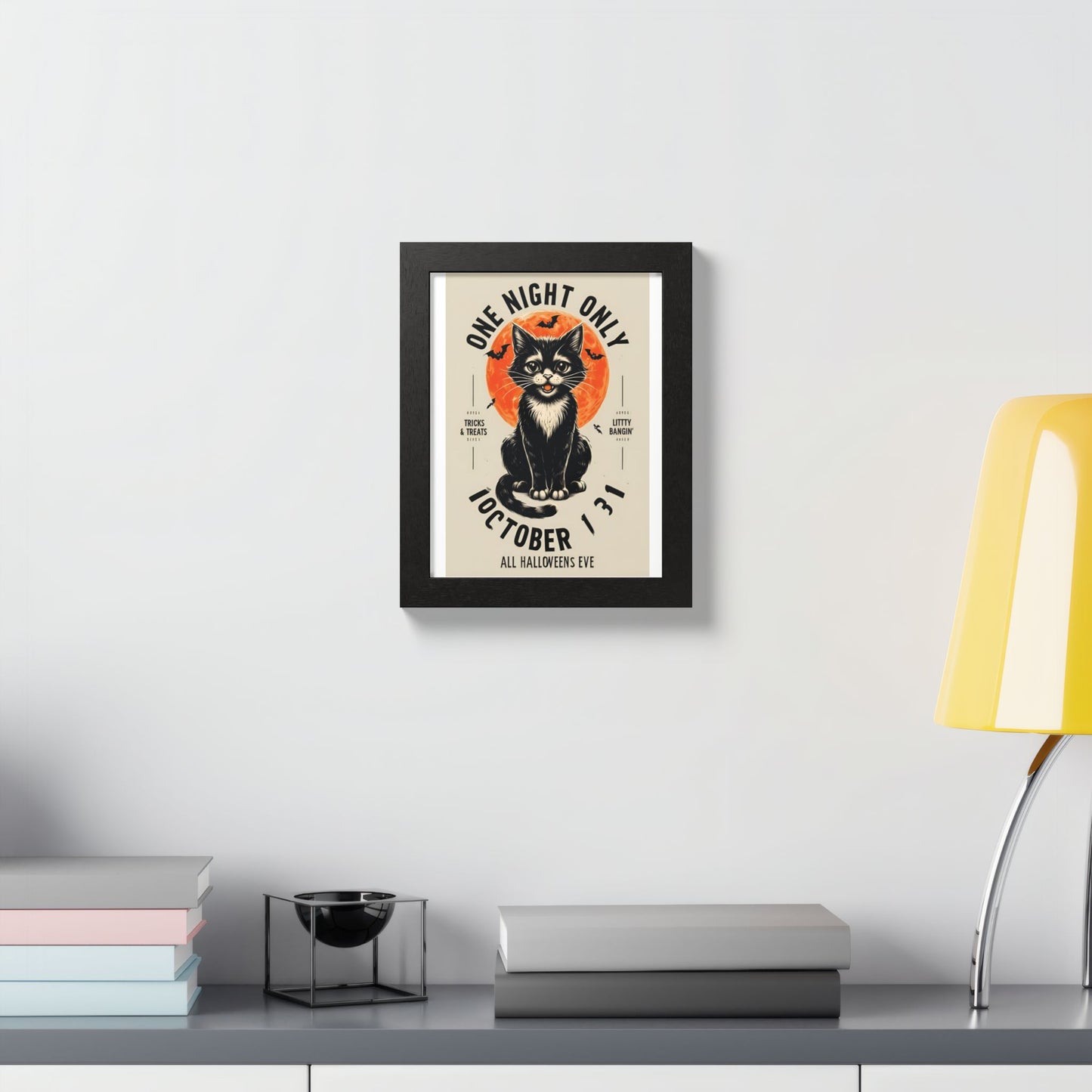 Halloween Black Cat Design | One Night Only October 31 Vintage Artwork Framed Print
